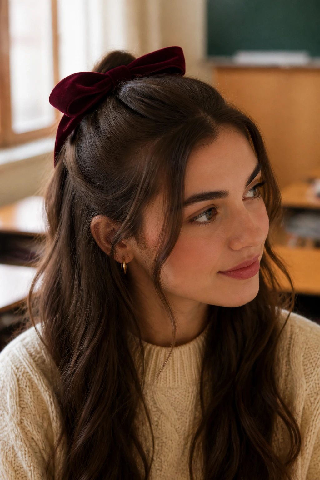 Close-up portrait of a real woman with velvet bow half-up hairstyle in a classroom setting
