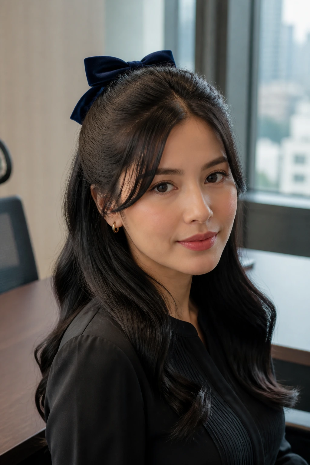Close-up portrait of a real woman with a velvet bow half-up half-down hairstyle in an office