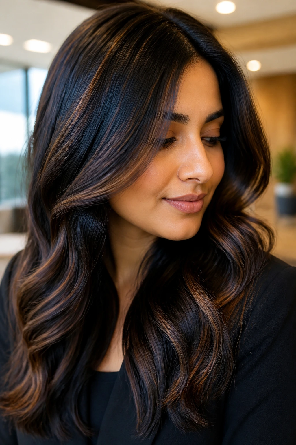 Portrait of a woman with velvet caramel highlights on jet black hair
