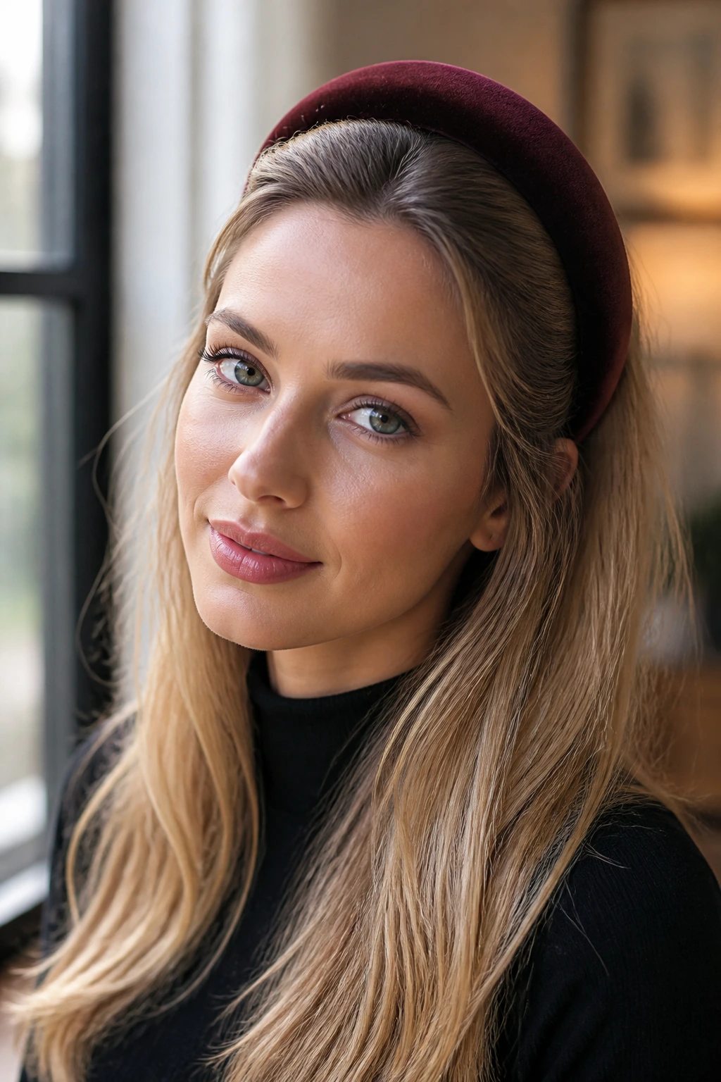Close-up of a real woman wearing a velvet headband with voluminous hair.
