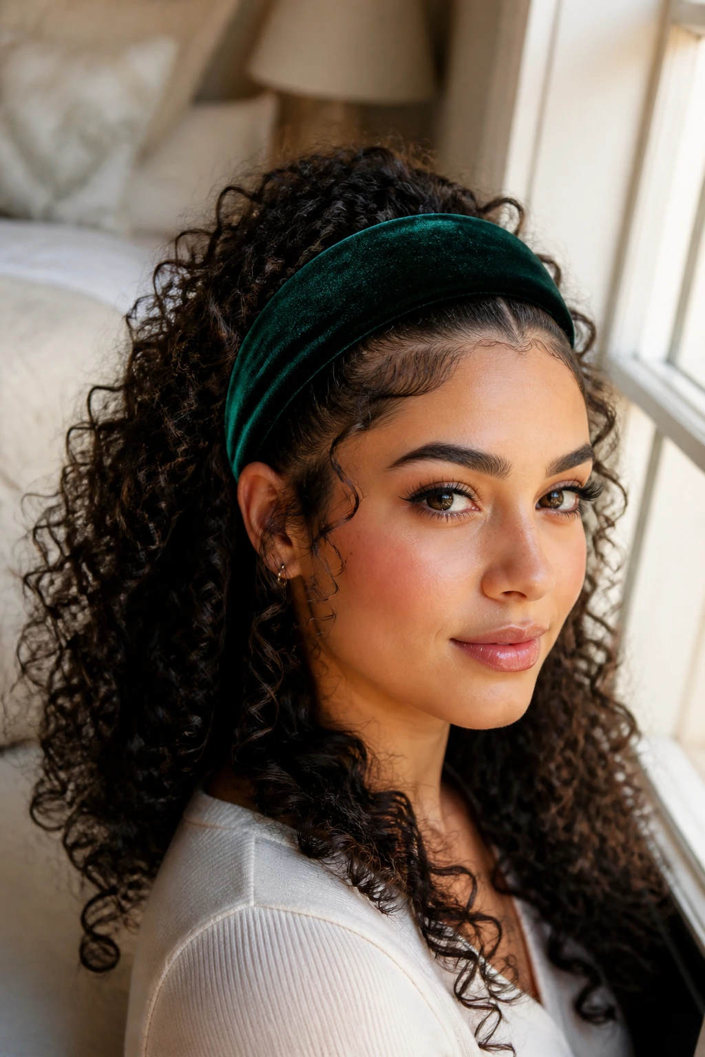 Close-up of a real woman with curly hair wearing a wide velvet headband