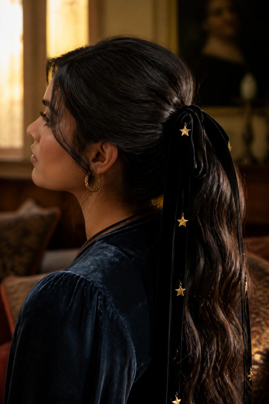 Close profile of a woman with a velvet ribbon ponytail and star charms.