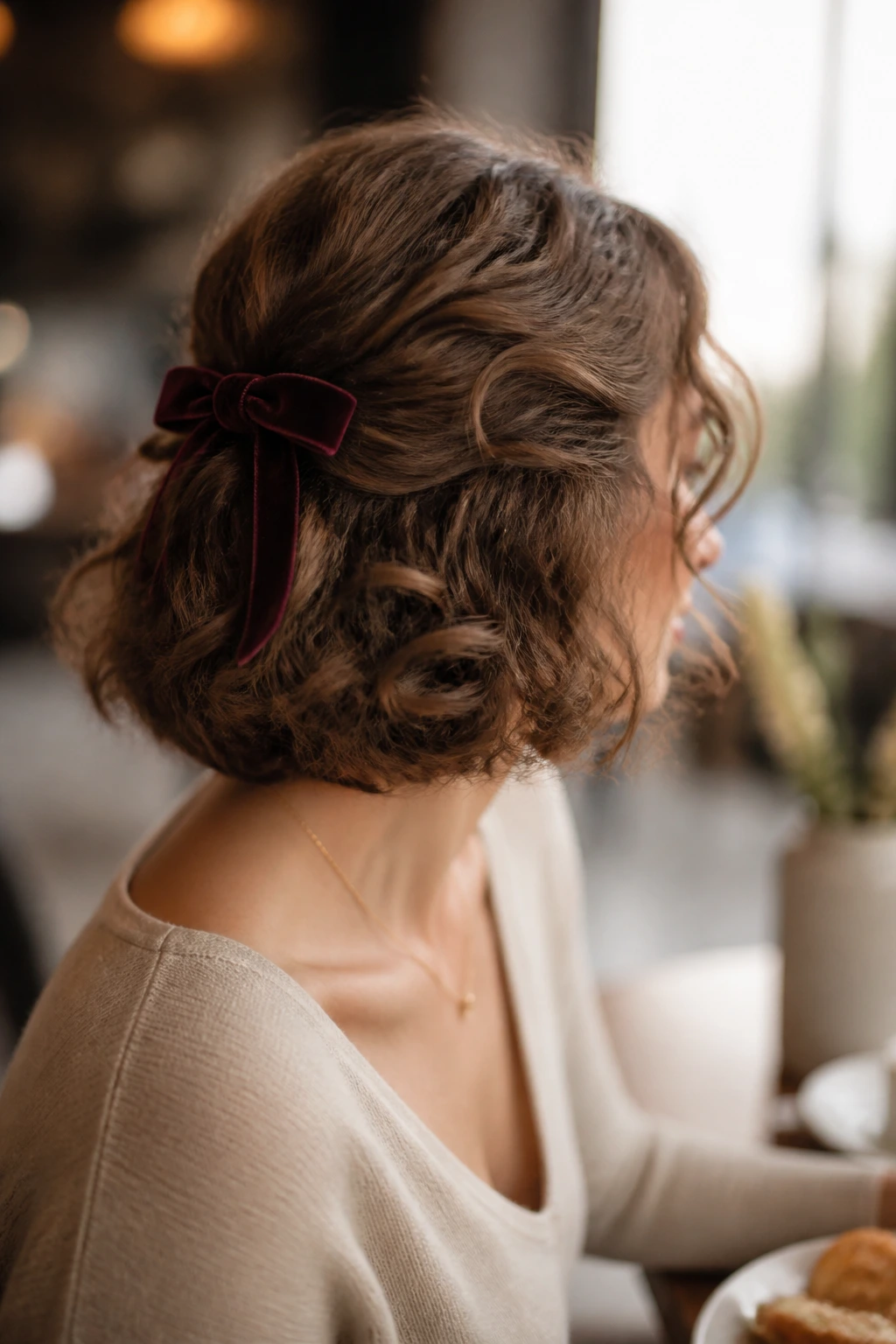 Portrait of a real woman with velvet ribbon in half-up hairstyle