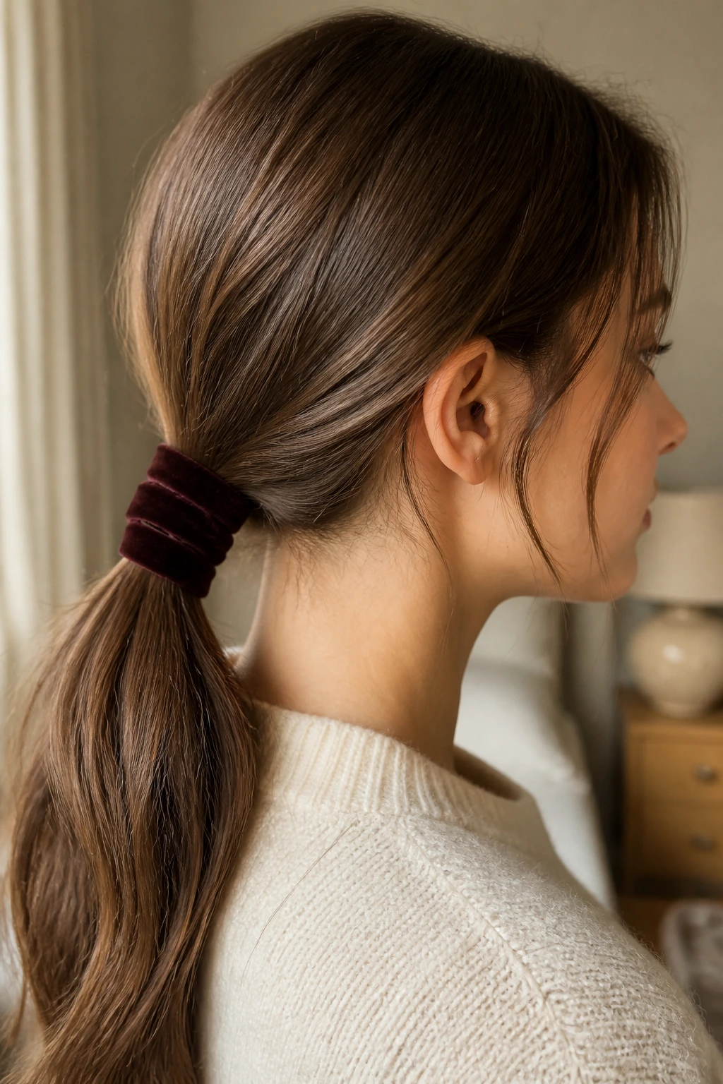 Close-up of a real woman wearing a velvet-wrapped low ponytail
