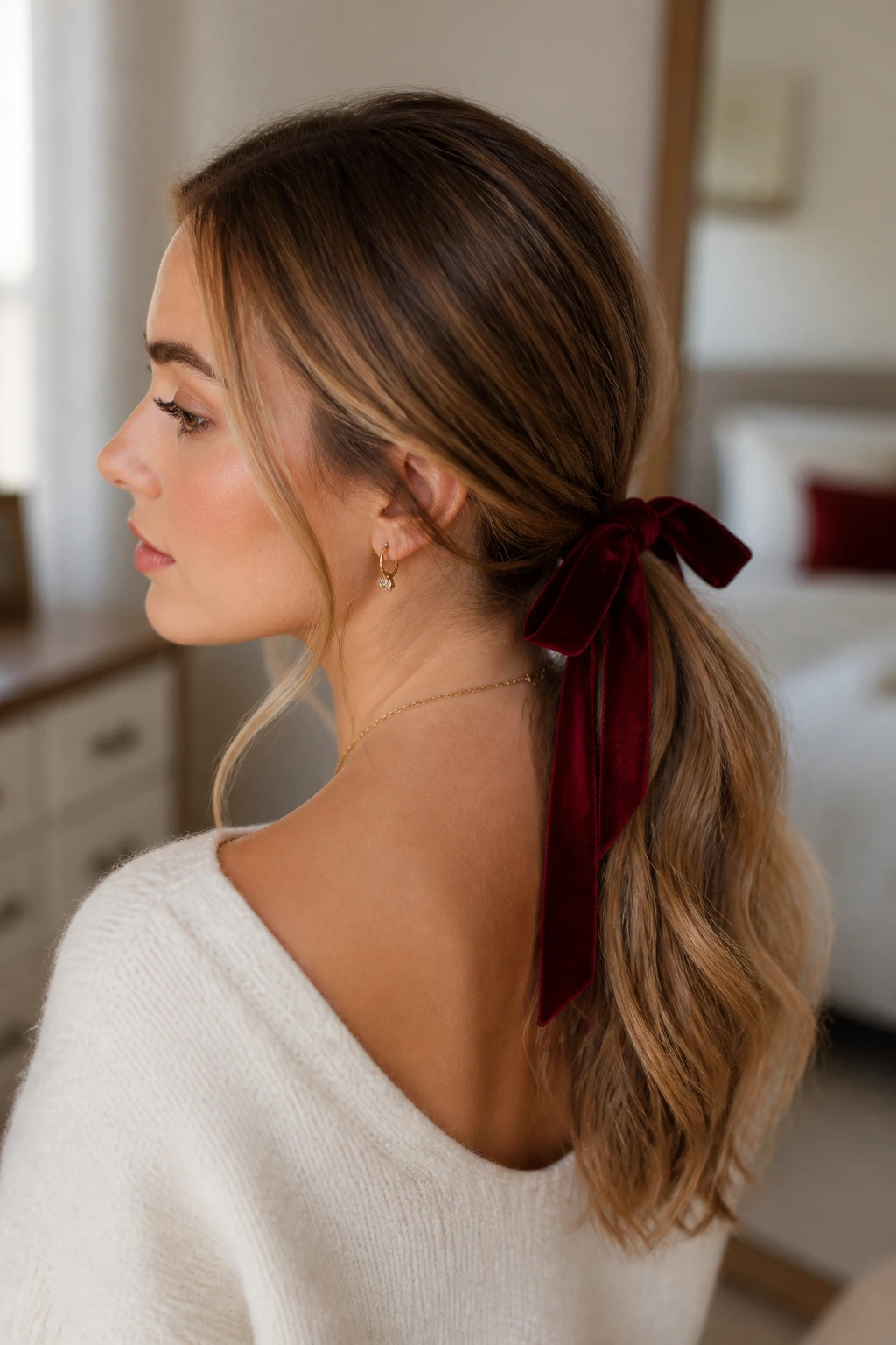 Close-up of a velvet-ribbon low ponytail at the nape of the neck