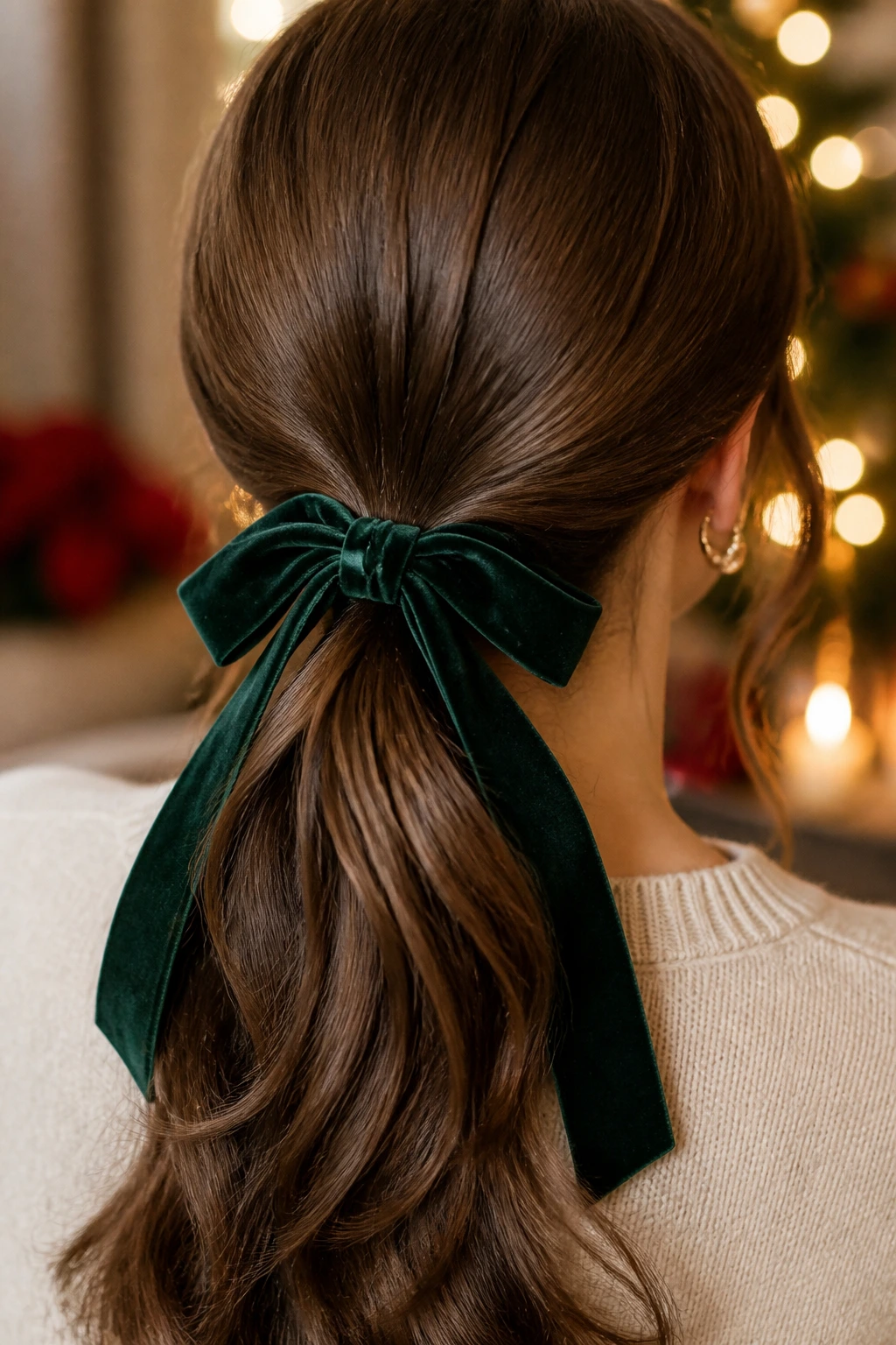 Back view of a woman with a velvet ribbon tied around a low ponytail