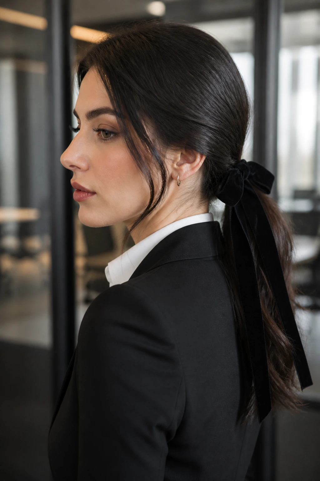 Close-up of a real woman with a velvet ribbon low ponytail in an office setting