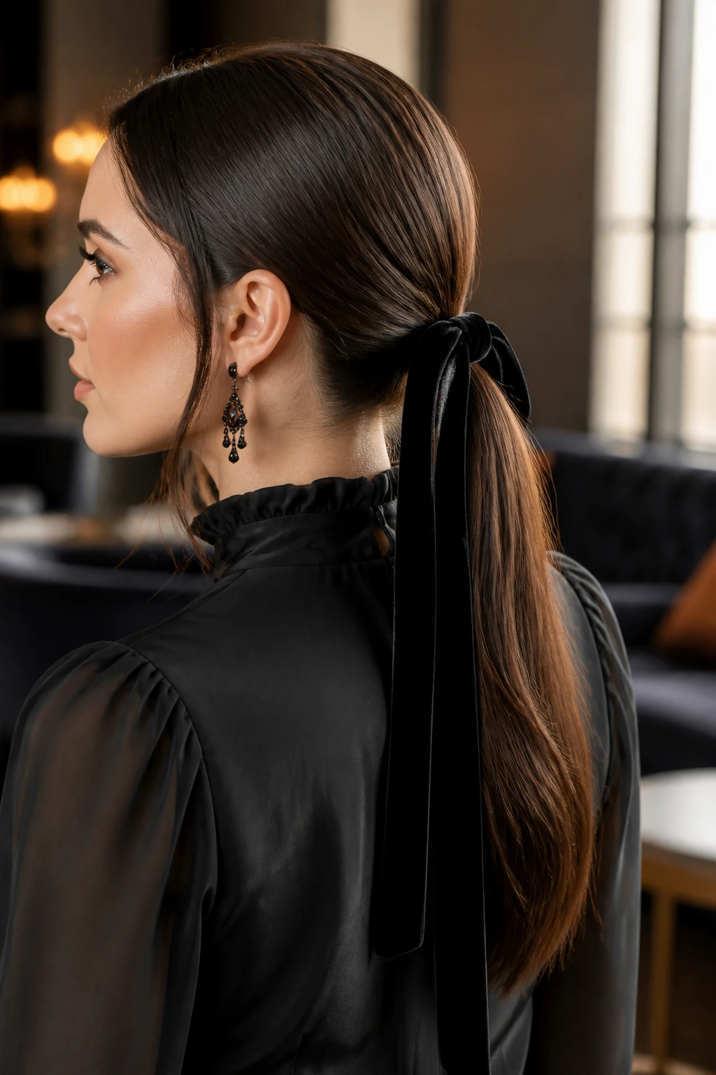 Woman with sleek low ponytail and velvet ribbon