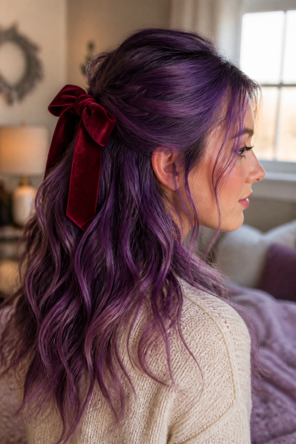 Close-up of violet hair in a loose half-up with velvet ribbon