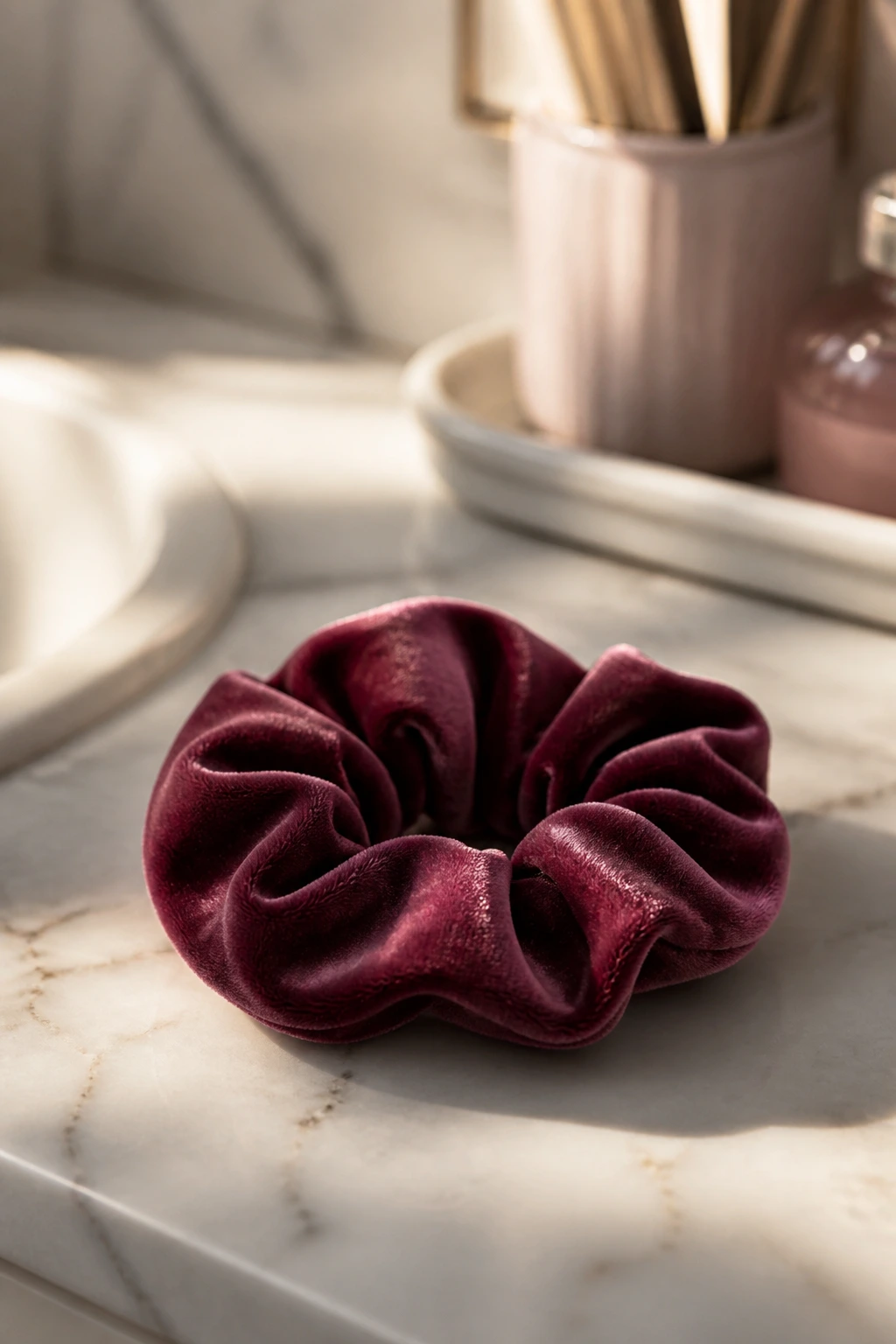 Close-up of a velvet scrunchie on a bathroom counter highlighting fabric texture