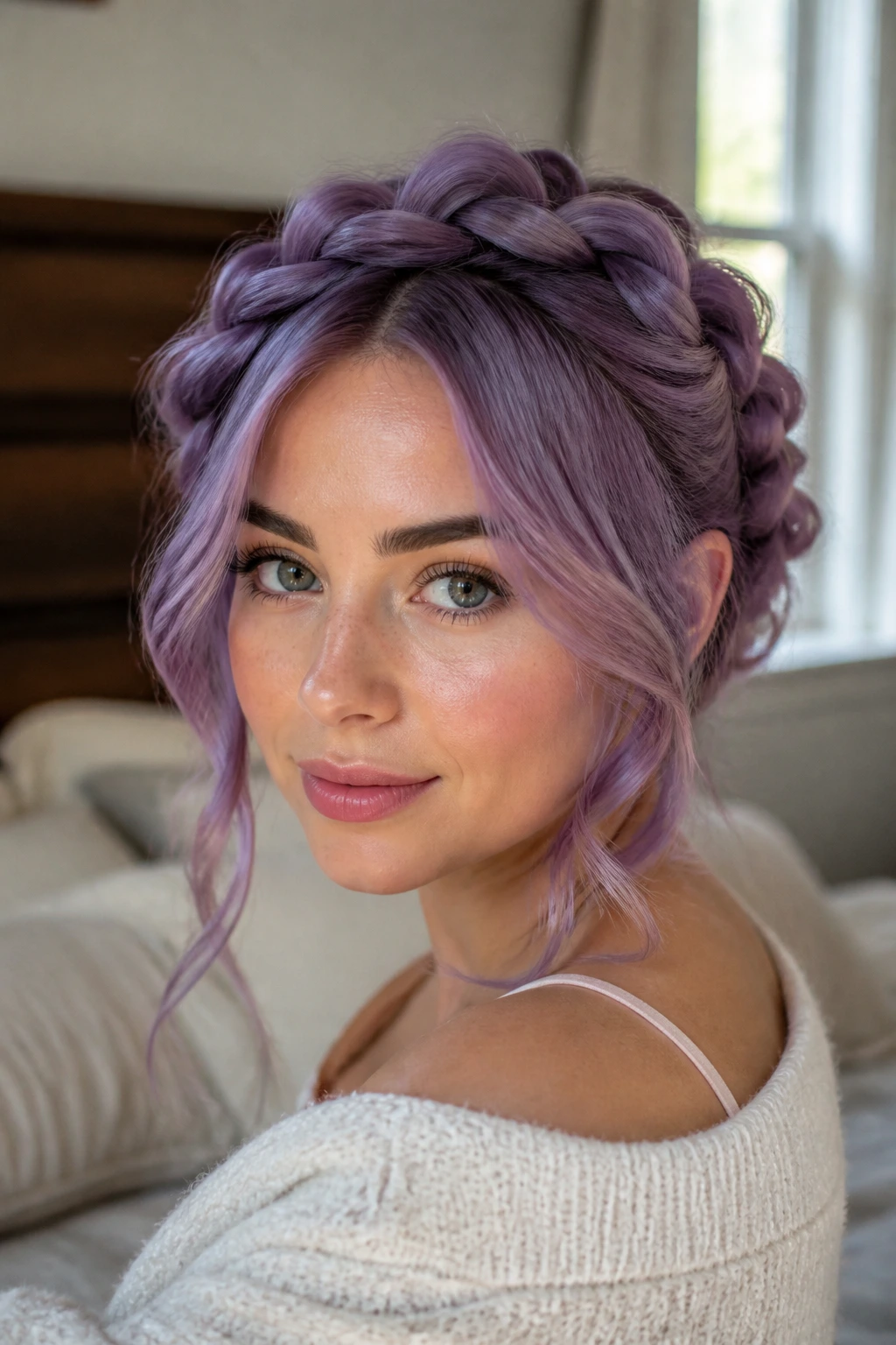 Close-up of a real woman with velvet violet halo hairstyle in a softly lit bedroom