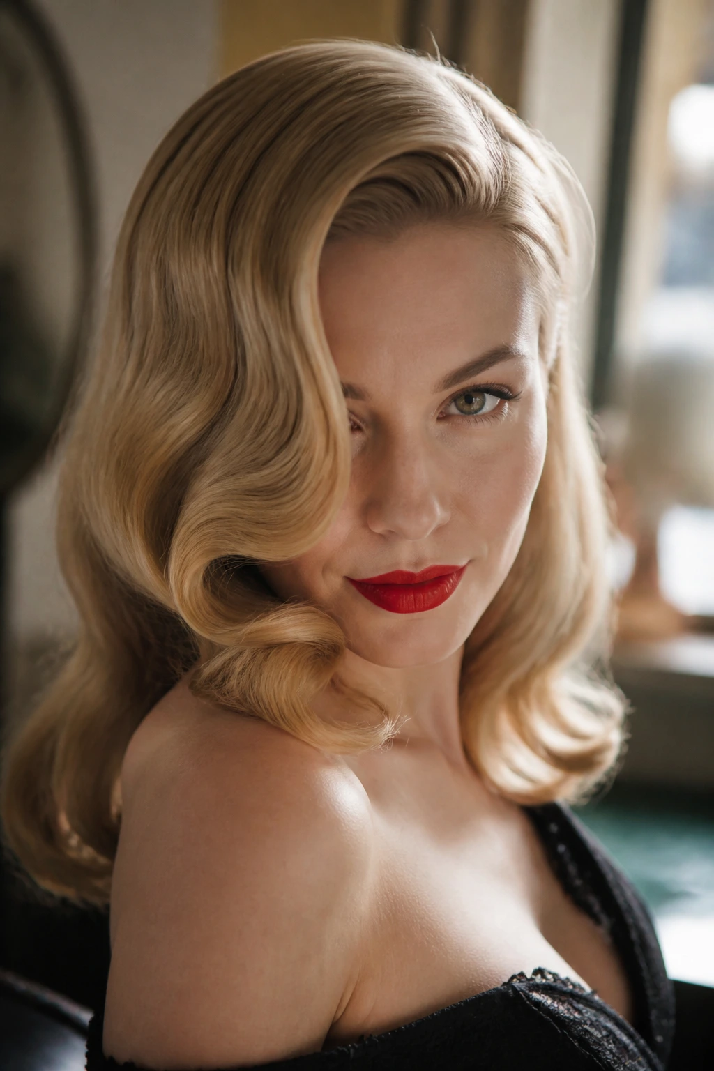 Close-up of a Veronica Lake swoop hairstyle on a real woman by a window