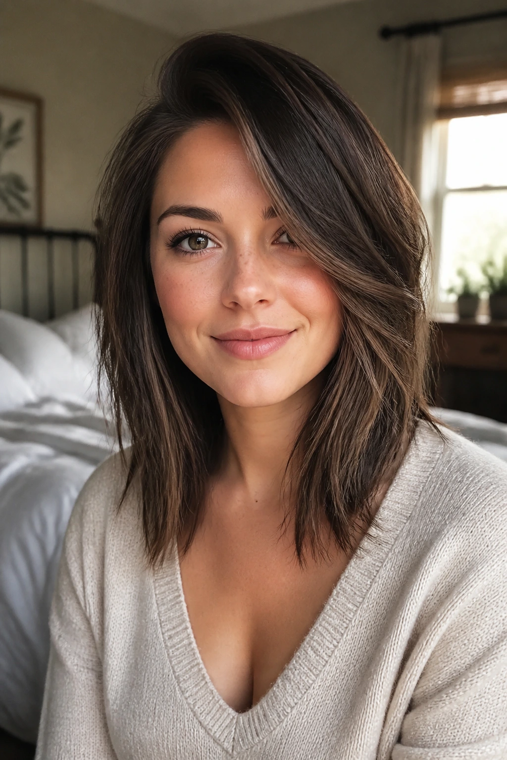 Close-up portrait of a real woman showing vertical hair lines and crown height to elongate a round face