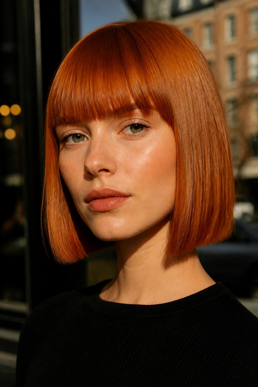 Close-up of a real person with vibrant copper bob and blunt bangs in warm natural light