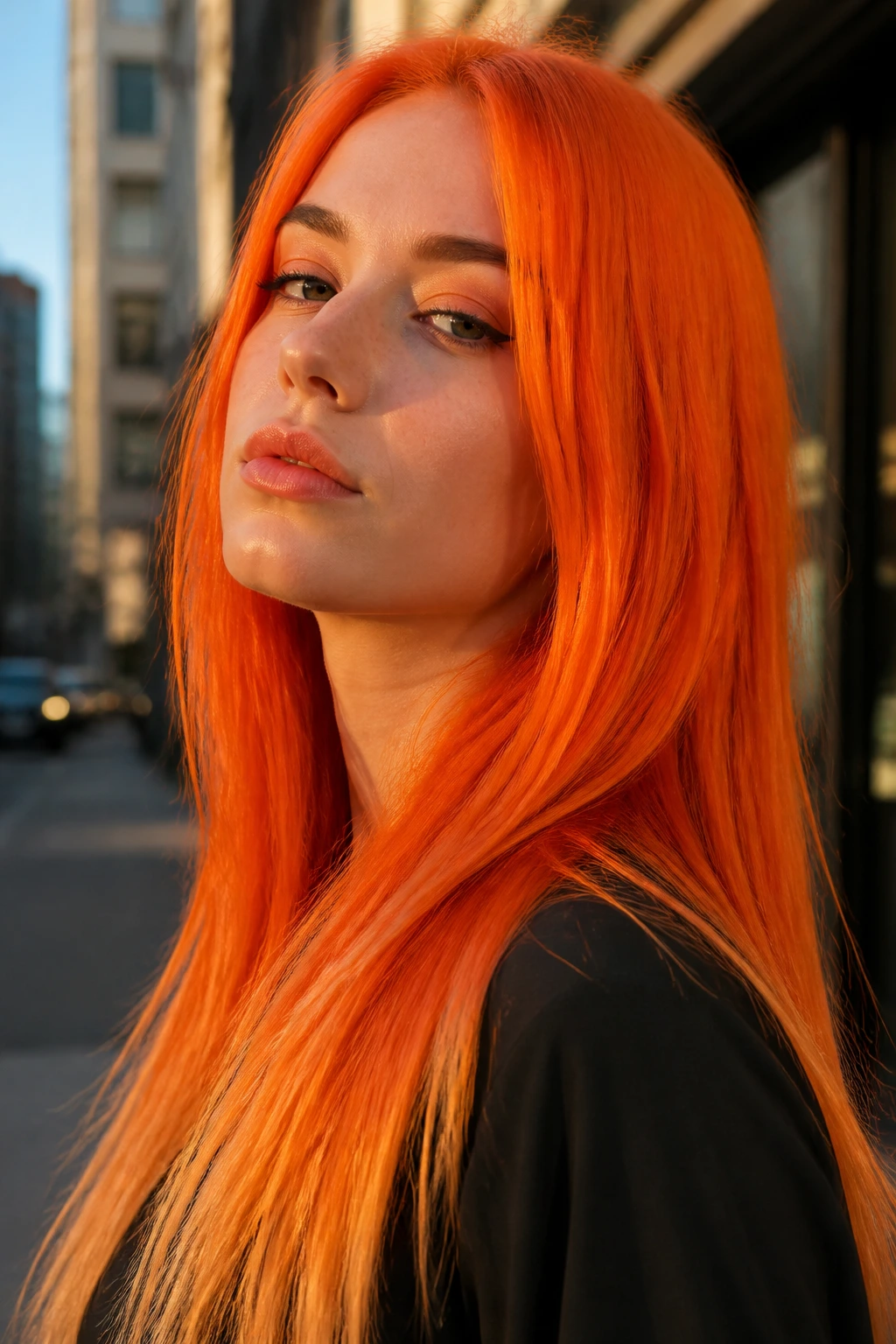 Close-up portrait of a real woman with vibrant tangerine sunset hair outdoors
