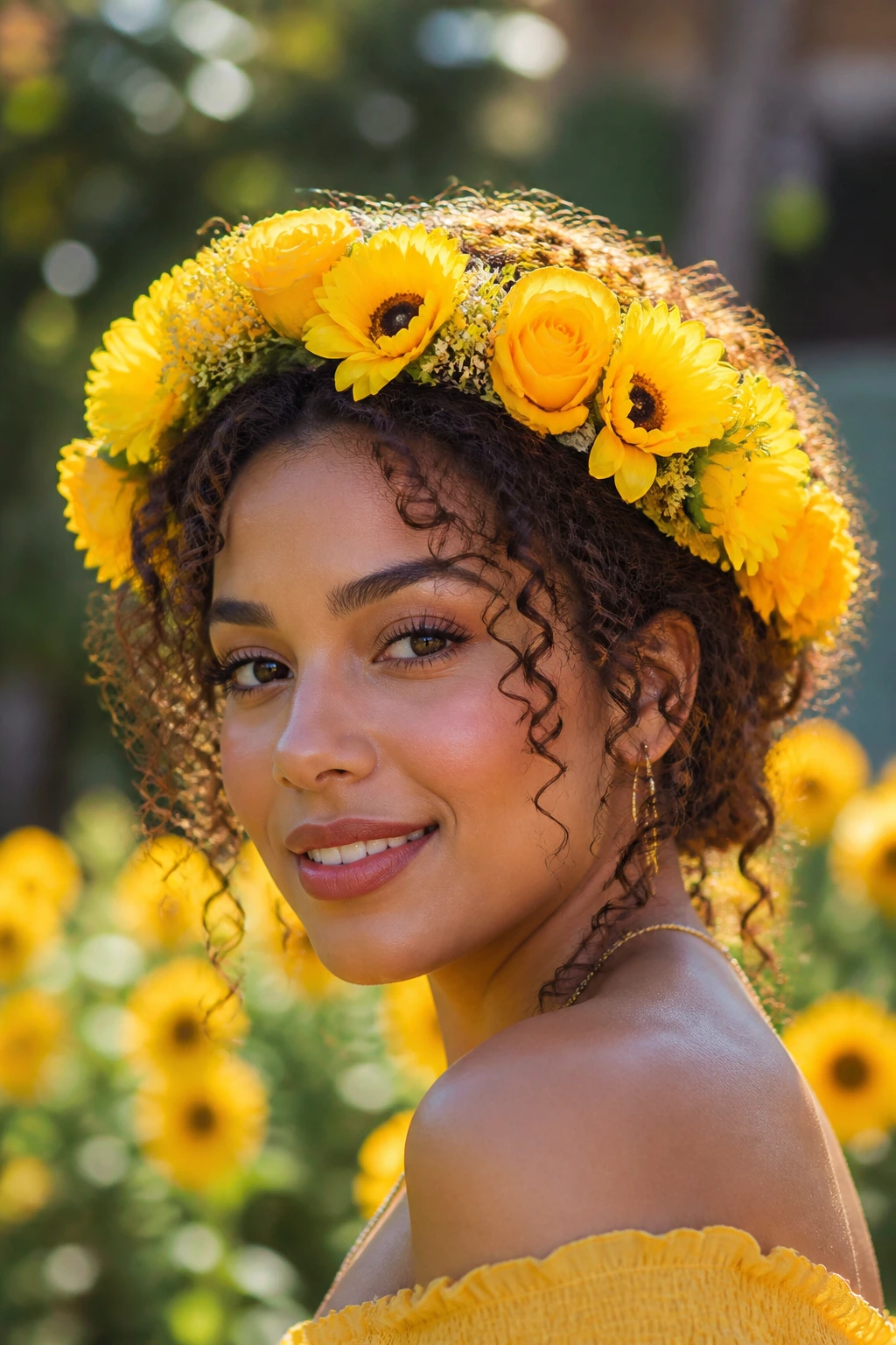 Woman wearing a vibrant yellow flower crown on curly hair