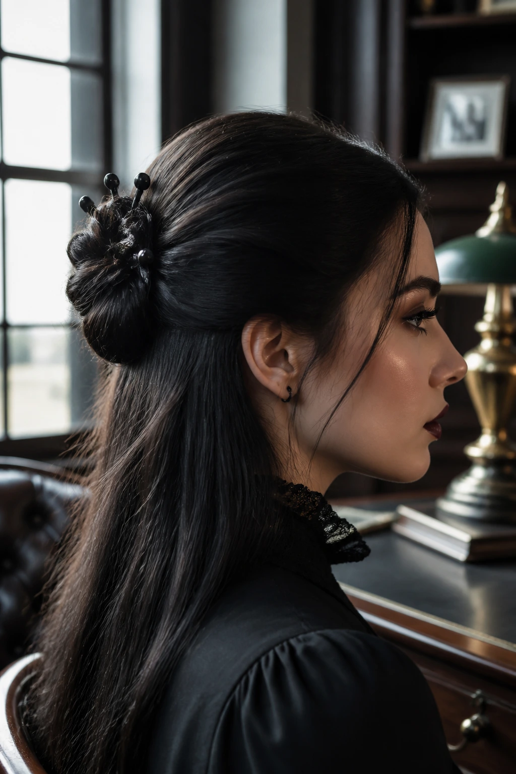 Portrait of a real person with a half-up Victorian knot hairstyle