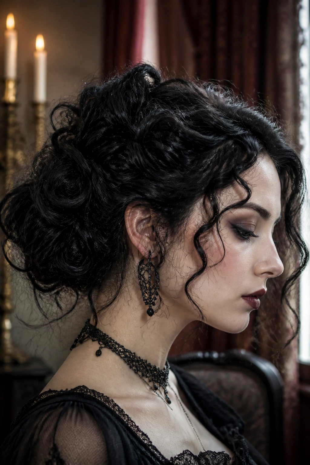 Close-up of a real person with Victorian-inspired updo and tendrils.