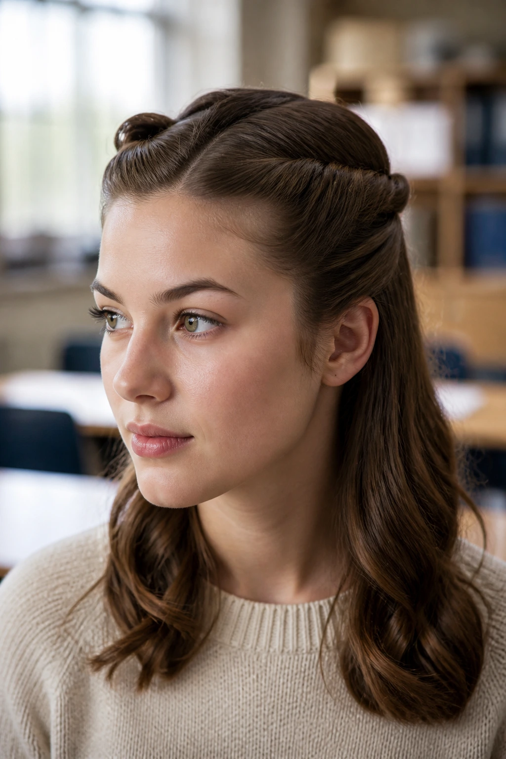 Close-up of a student wearing a minimal victory-half-twist hairstyle with twists at the temples.