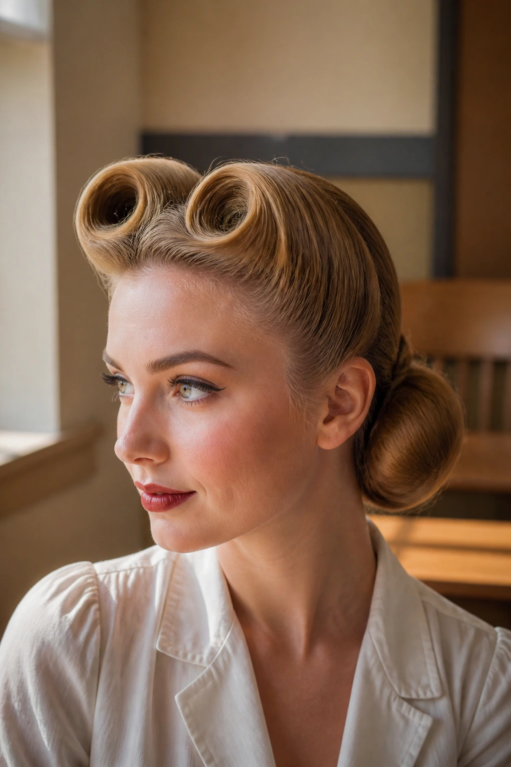 Close-up portrait of a real woman with a victory roll chignon hairstyle in a sunlit classroom.