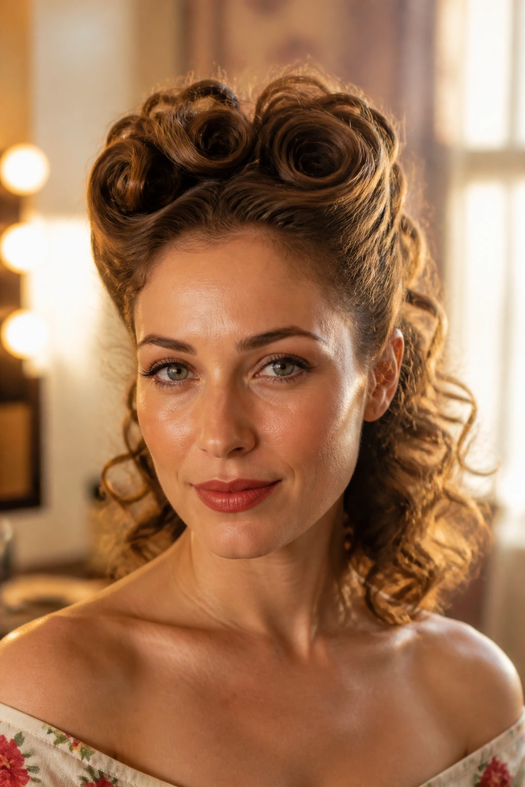 Close-up of a real woman with victory roll crown in curly hair, warm window light