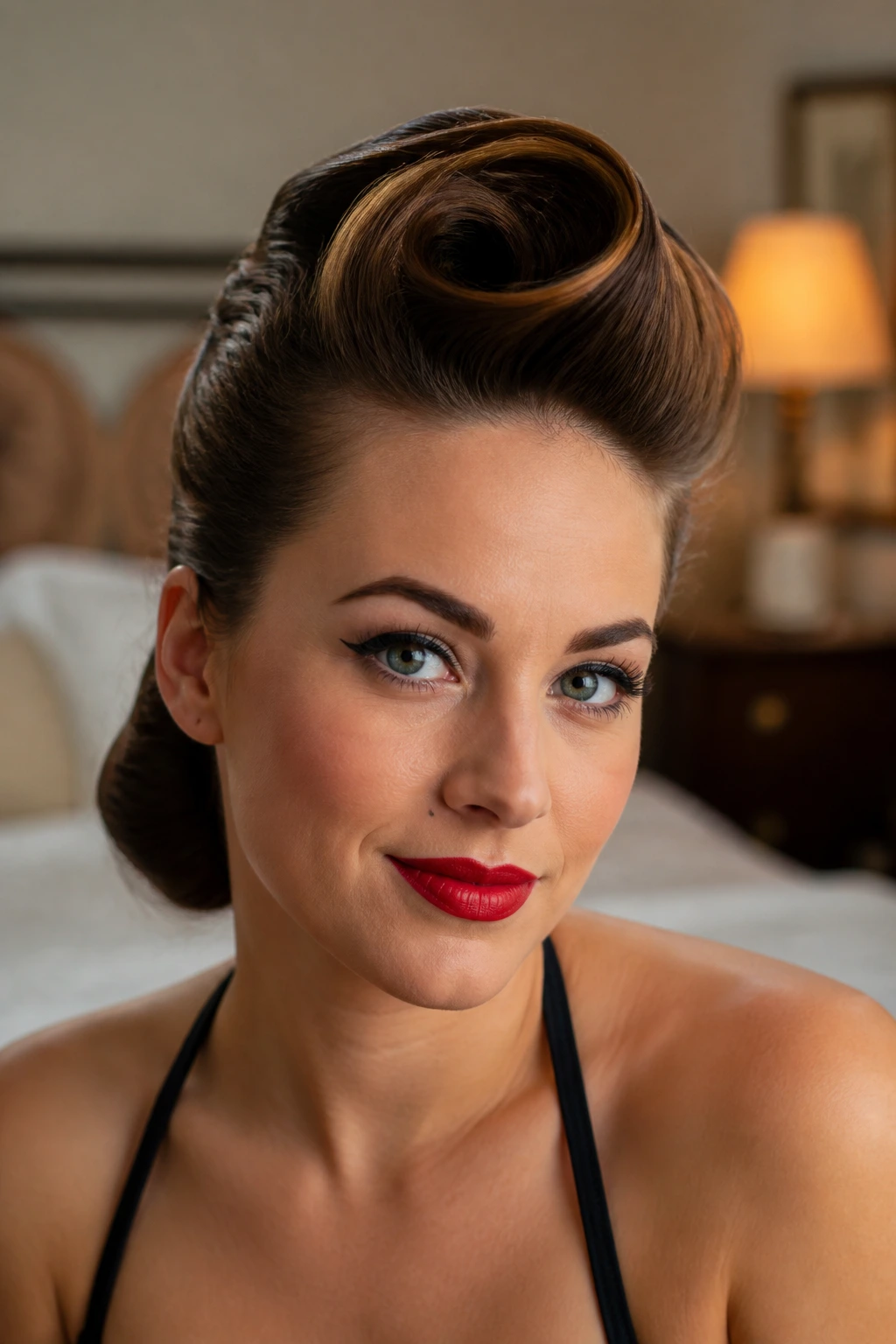Close-up of a real woman with a vintage Pin-Up Victory Roll Front hairstyle