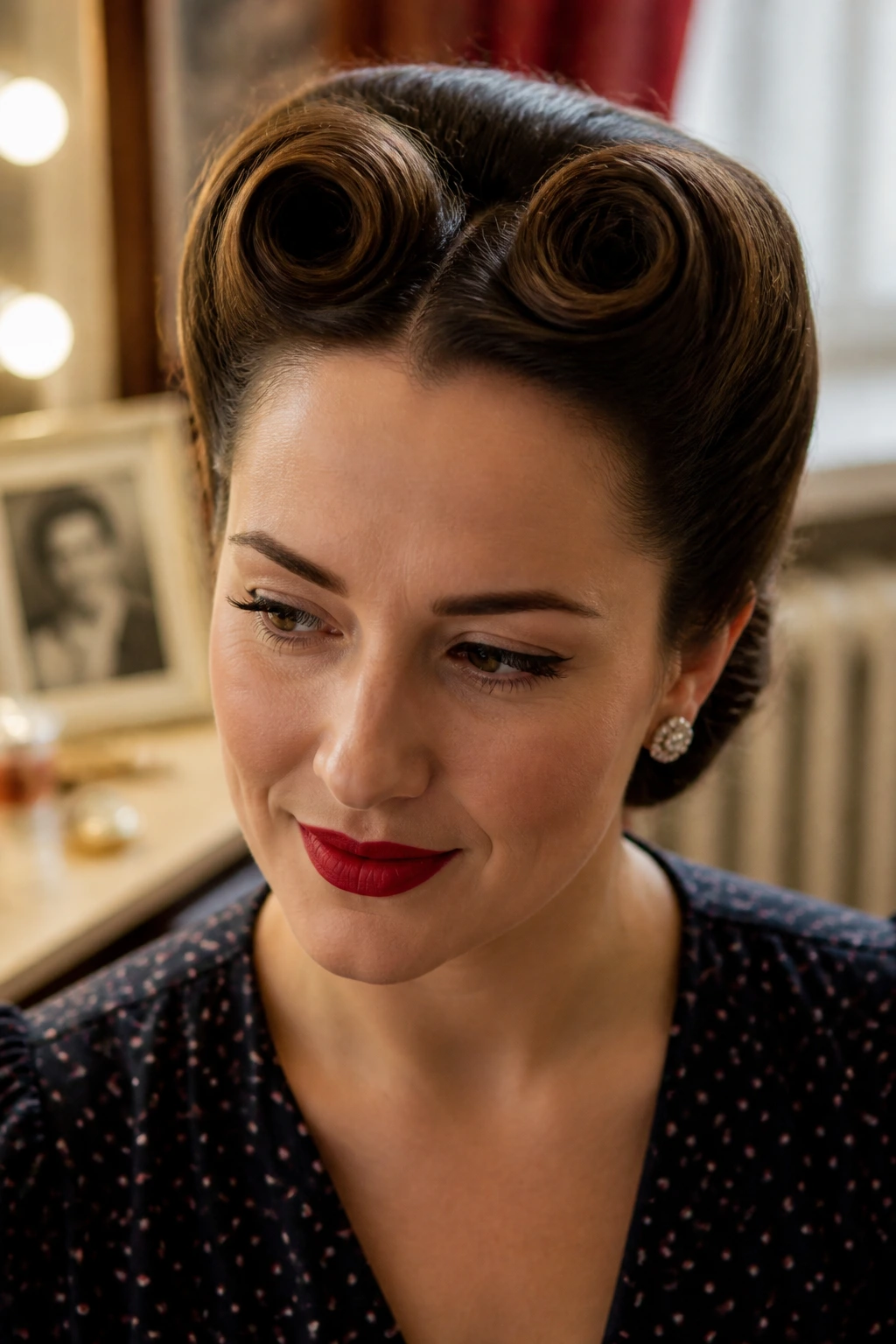 Close-up of a real woman wearing a classic 1940s victory roll hairstyle.