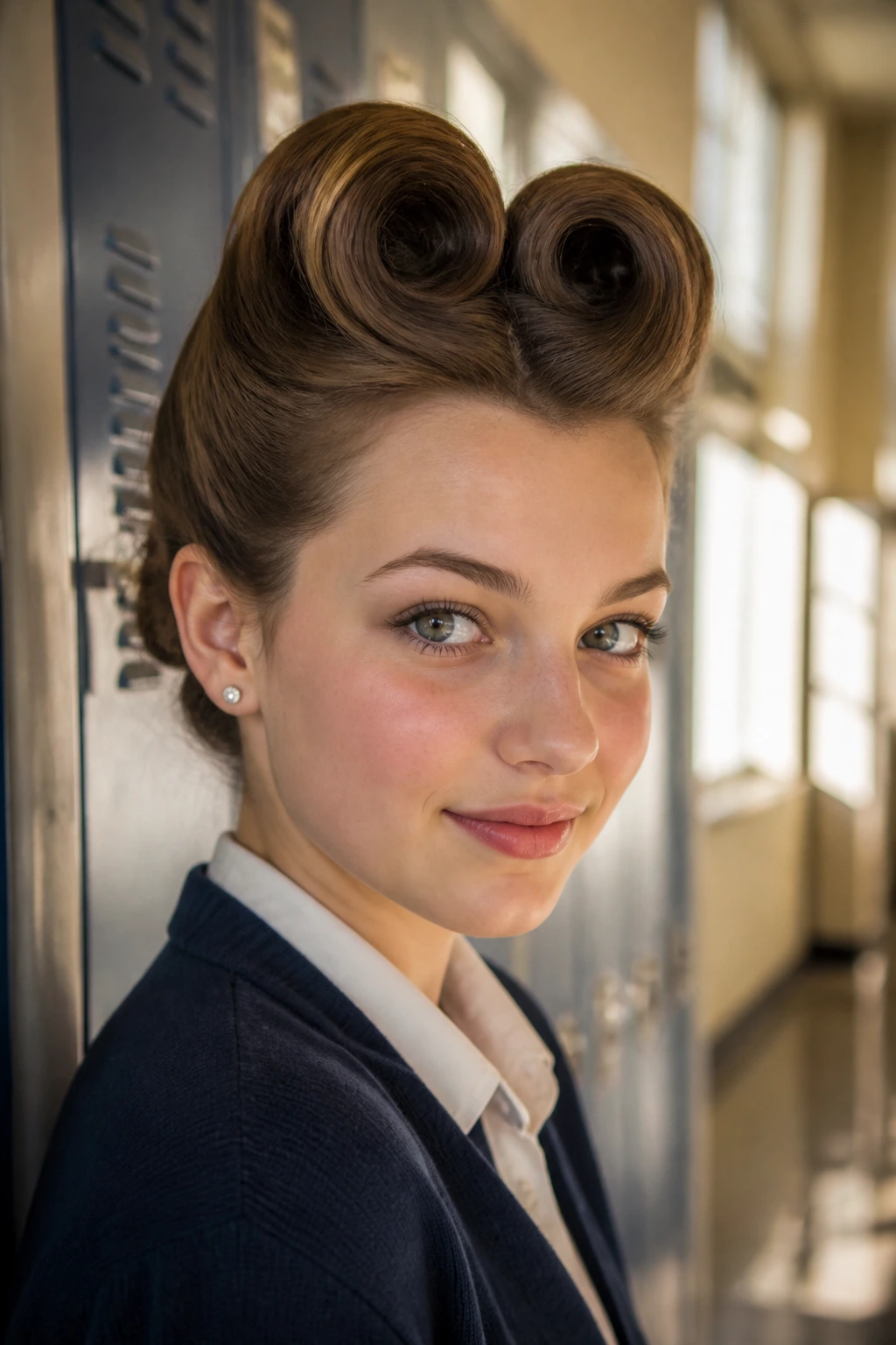 Close-up of a real student with a classic victory roll pomp in a sunlit school hallway