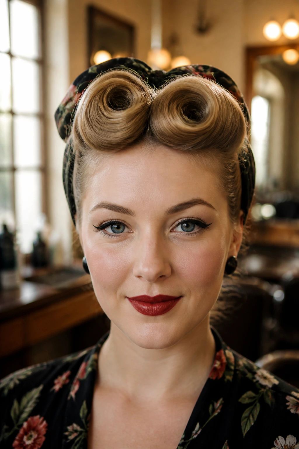 Close-up front view of a real woman with tight victory roll bangs