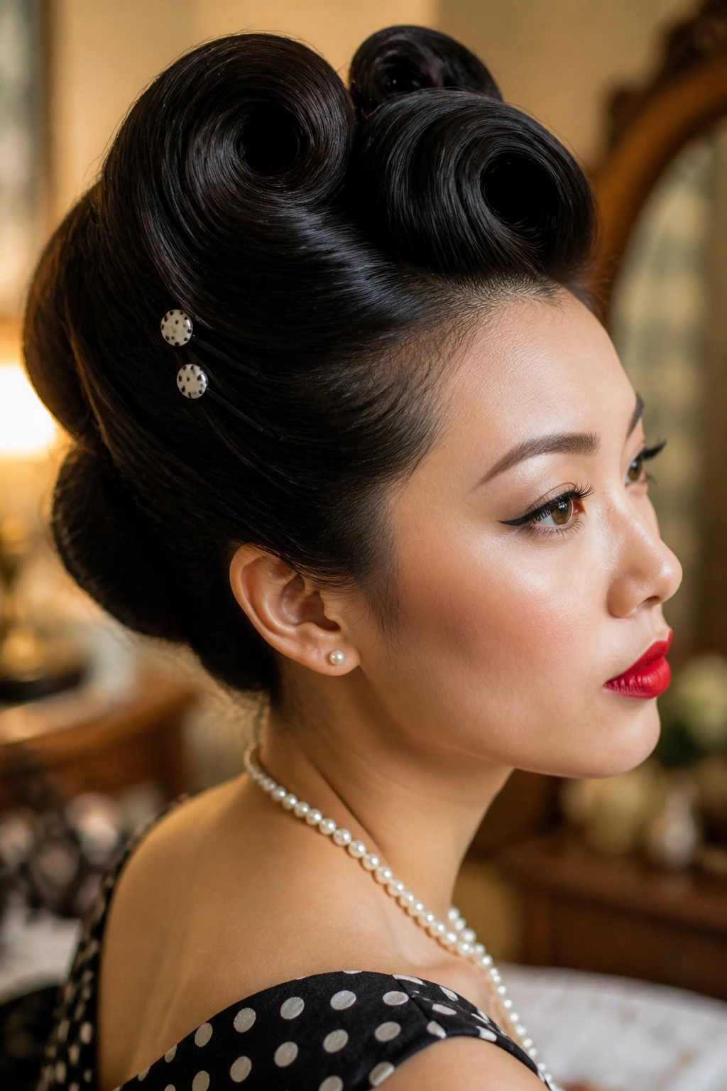 Side profile of a real Asian woman with victory rolls and polka dot pins