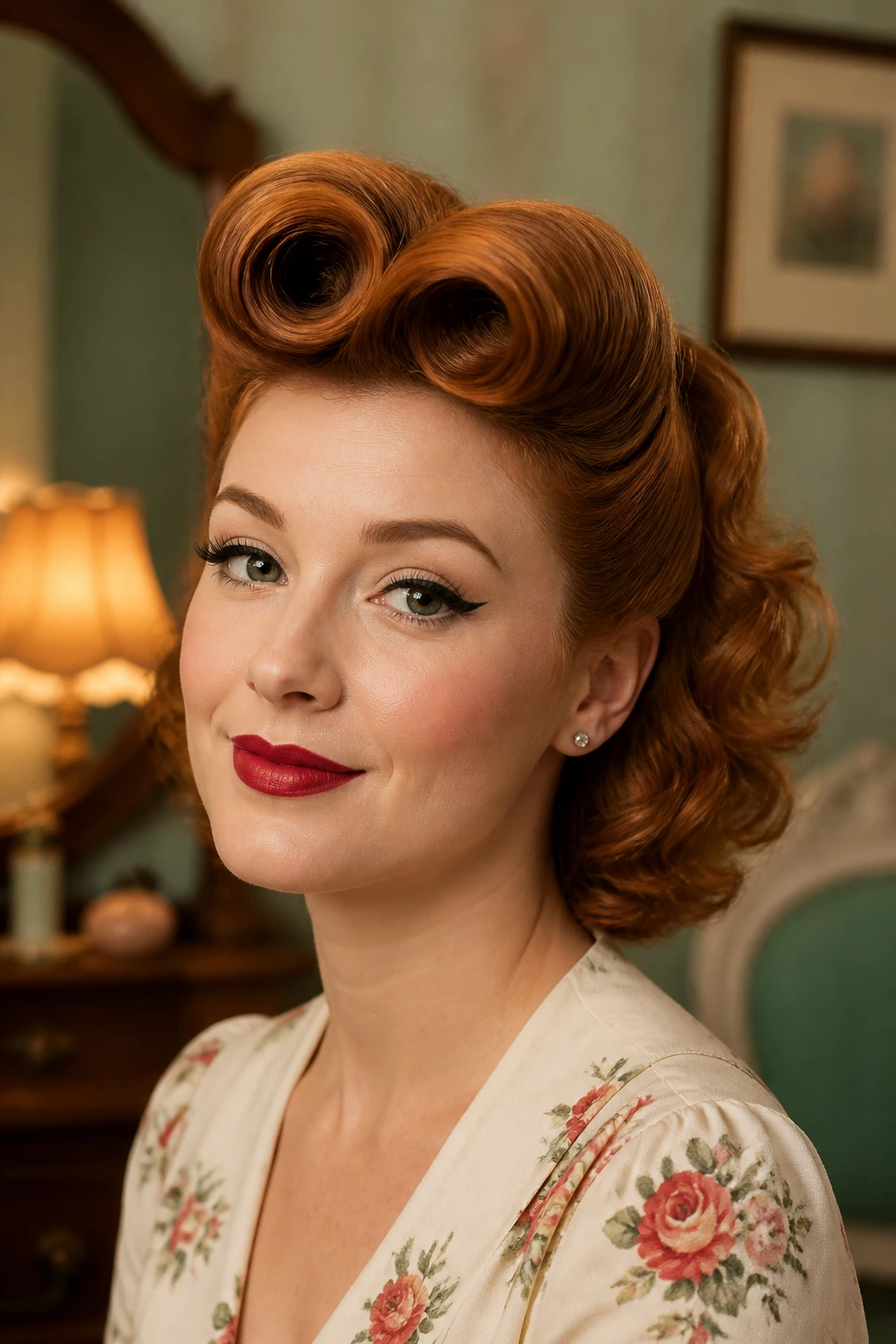 Close-up of a woman with a front victory roll and soft waves in a vintage room