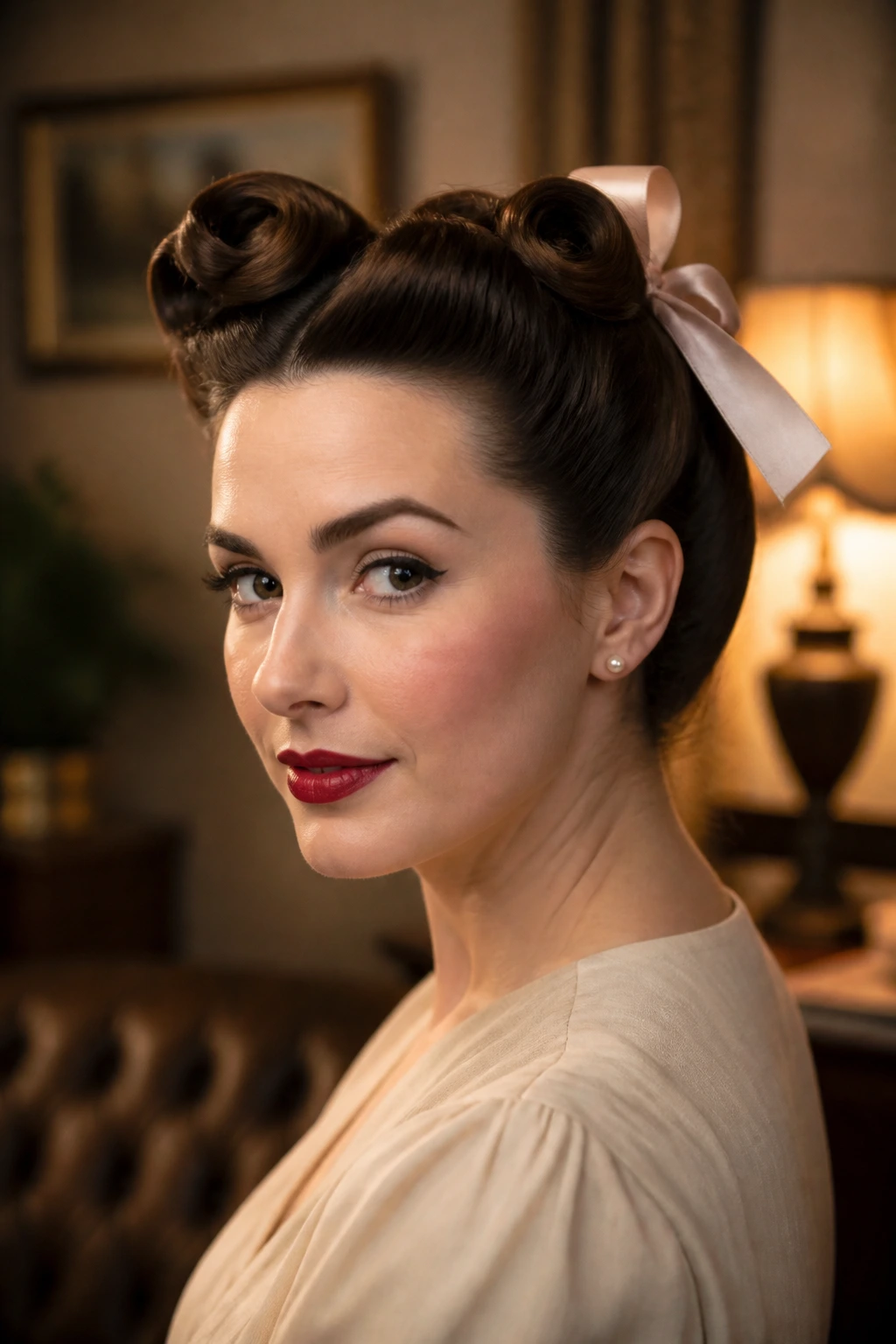 Close-up of a real woman with vintage victory rolls and a silk bow at the back.