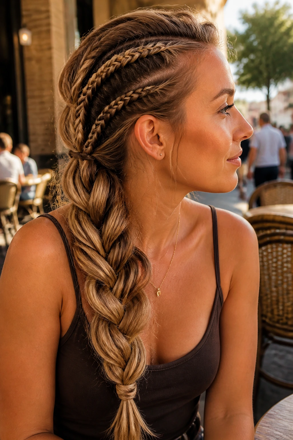 Side-swept Viking braid created from crown braids cascading over the shoulder