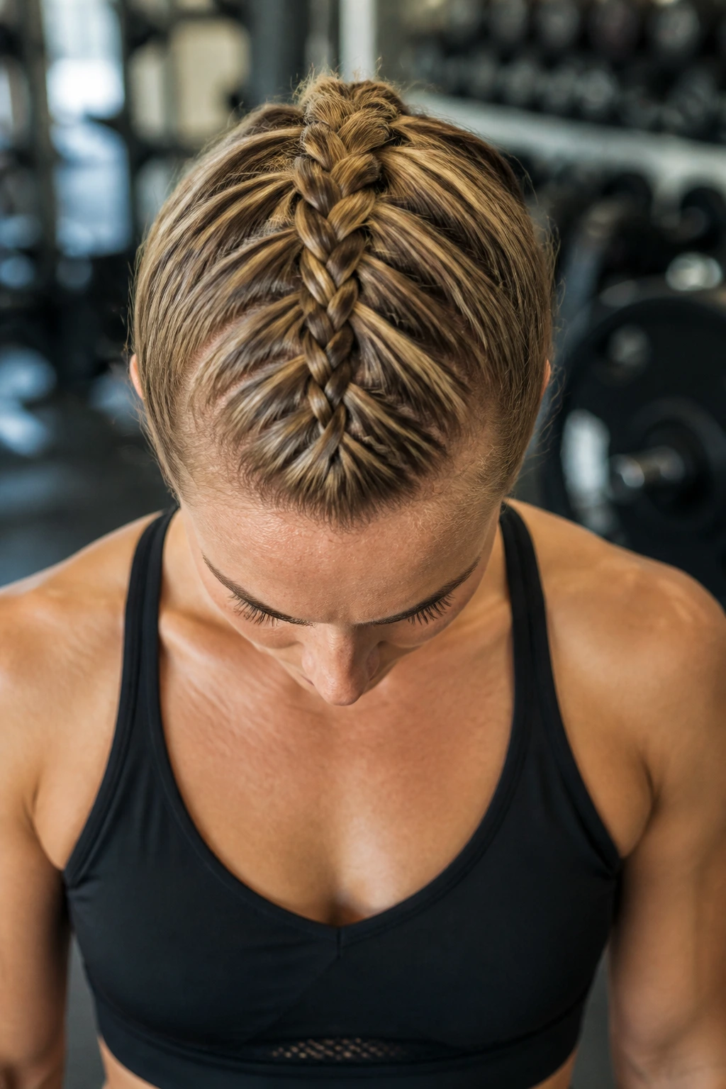 Close-up portrait of a person with a center-parted Mohawk braid in a gym