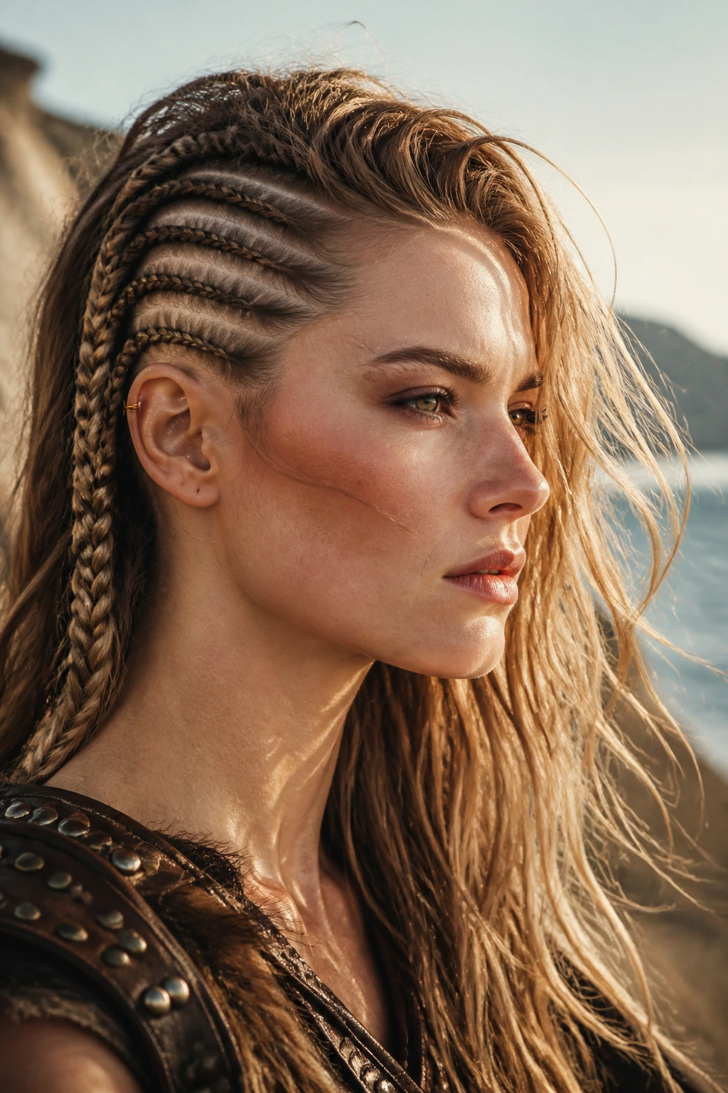 Close-up of a real person with Viking-inspired side sweeps and loose textured hair