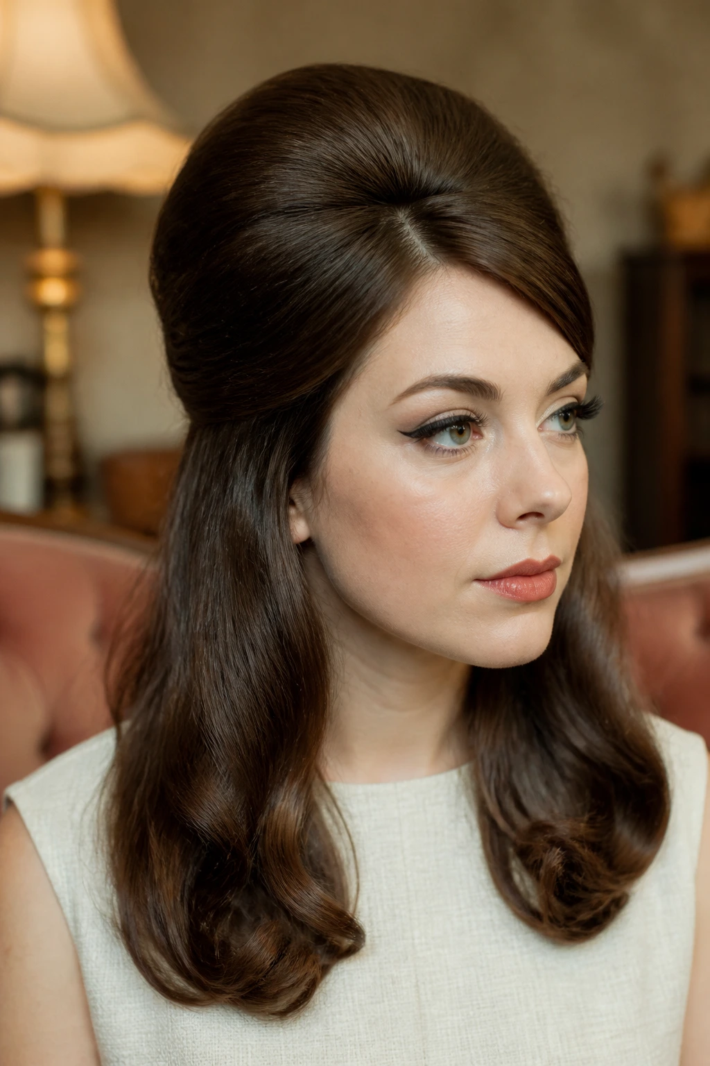 Real person with a crown bump for vintage volume in thick hair