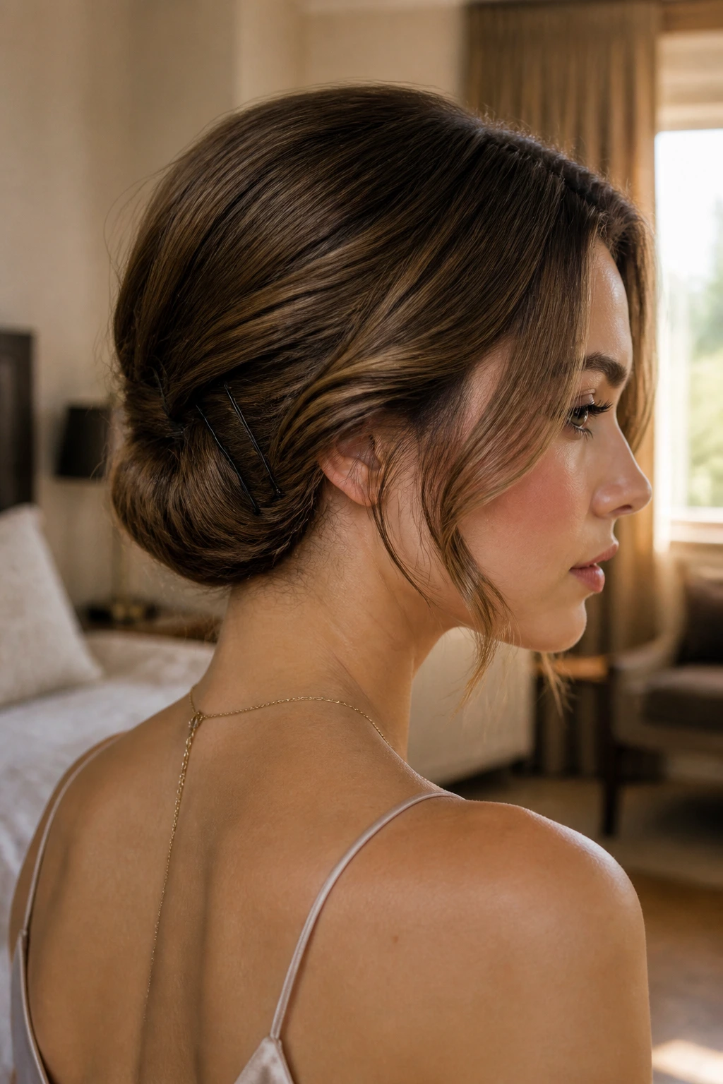 Profile of woman with vintage faux bob rolled under at the nape