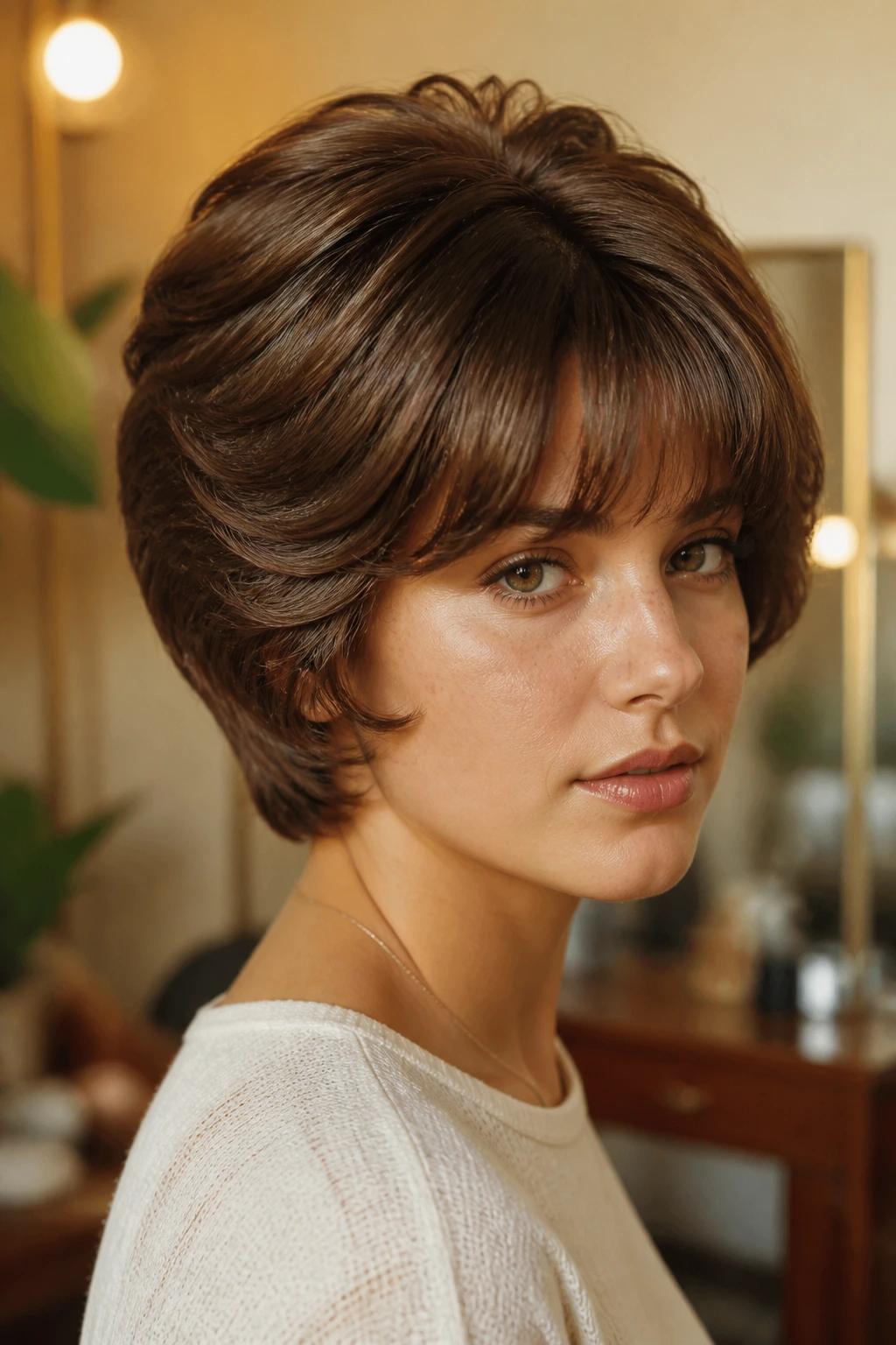 Close-up of person with vintage wedge cut and arching bangs