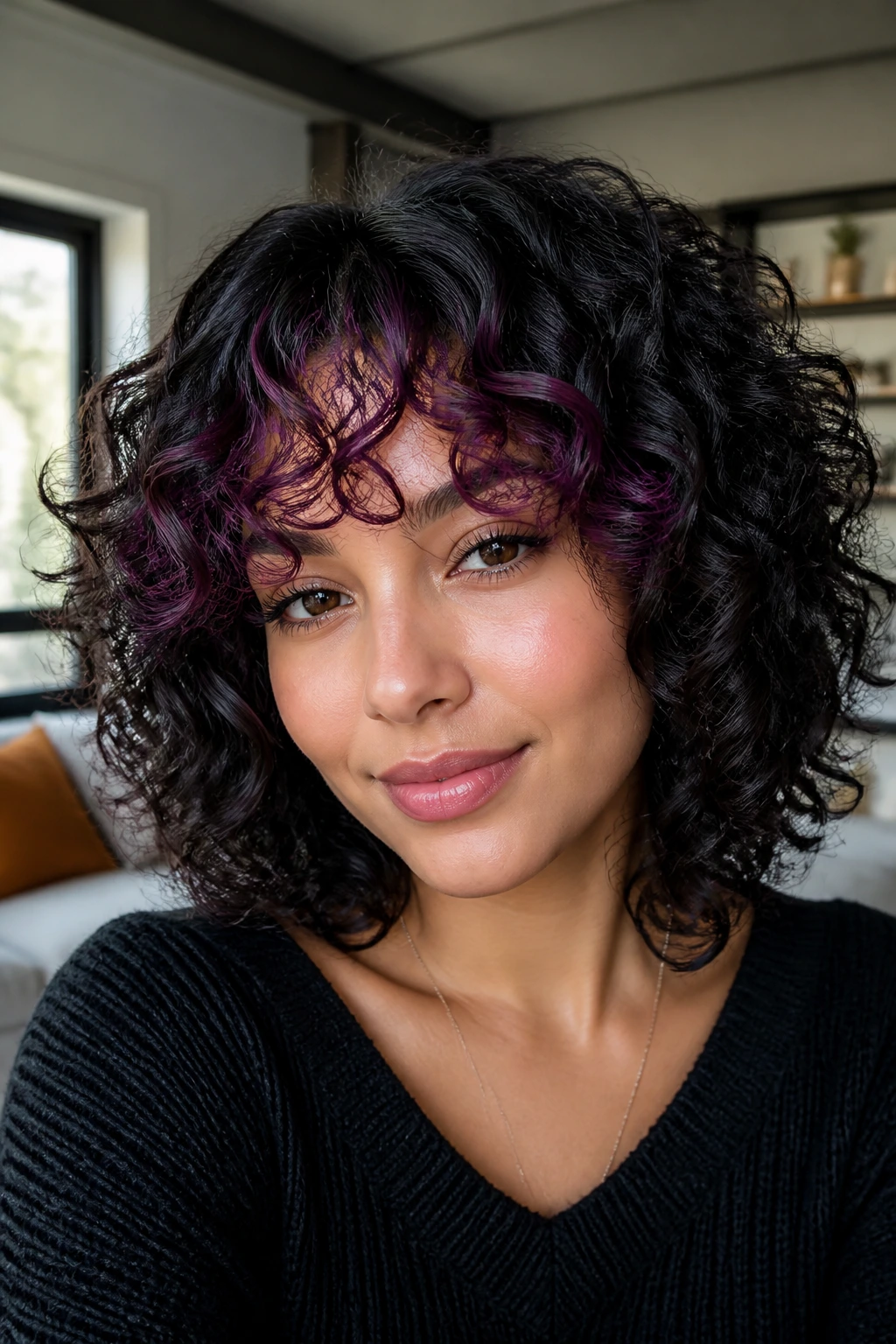 Close-up of a dark-haired person with violet berry peek-a-boo highlights in the fringe
