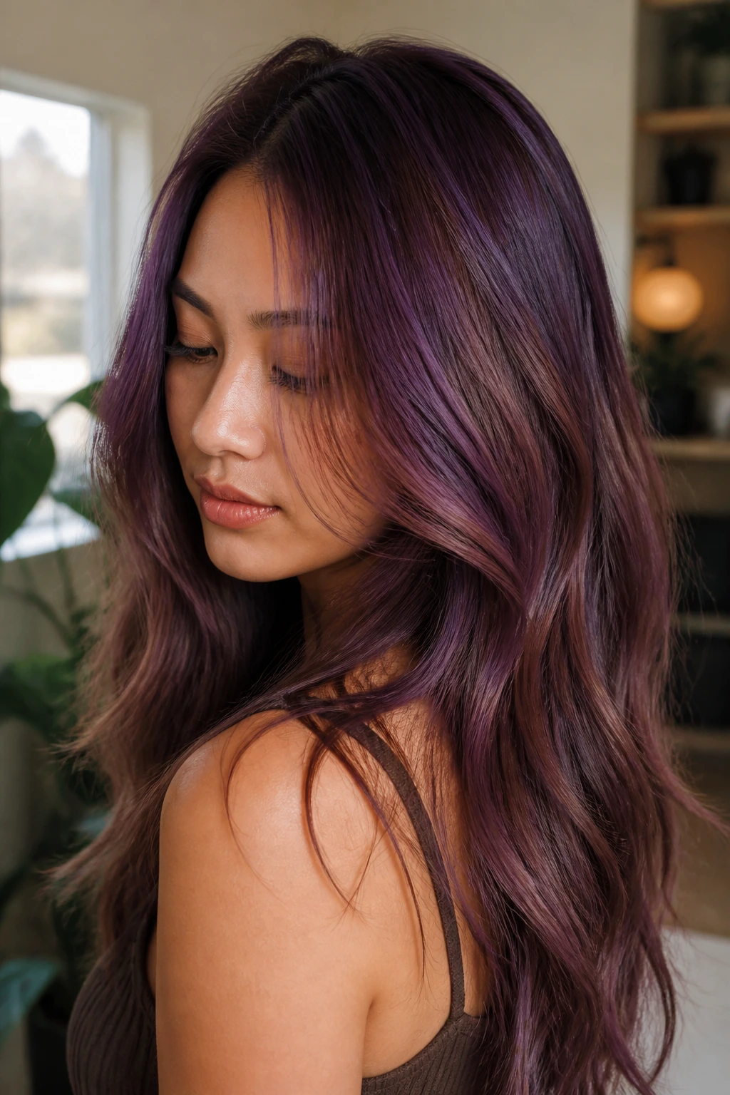 Close-up of violet-brown bronde hair transition on real person