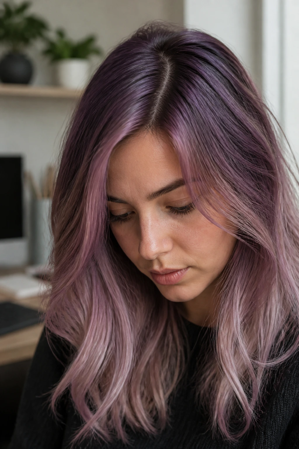 Close-up of real person showing violet-brown root shadow on bleached hair
