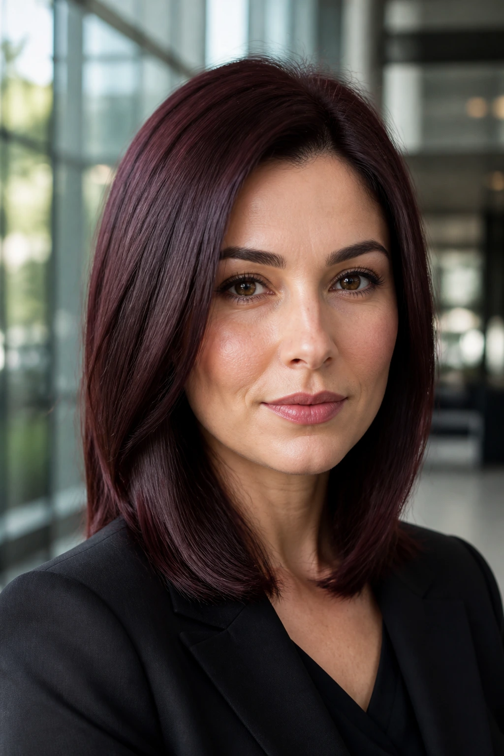 Close-up portrait of a real woman with violet-infused dark mahogany hair in a glossy office setting.