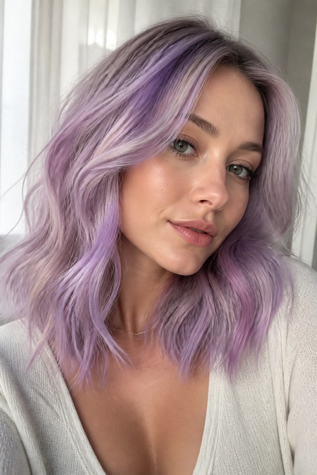 Close-up of a real person with violet pastel hair