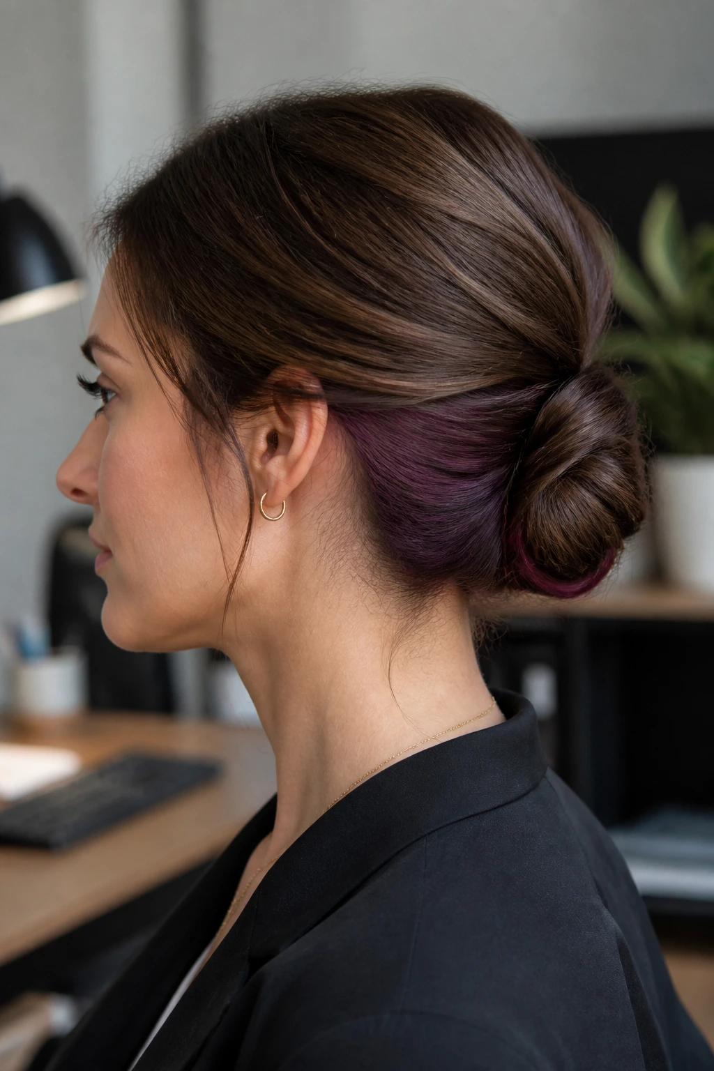 Side profile of subtle violet underlayer visible at the nape of a real woman's hair