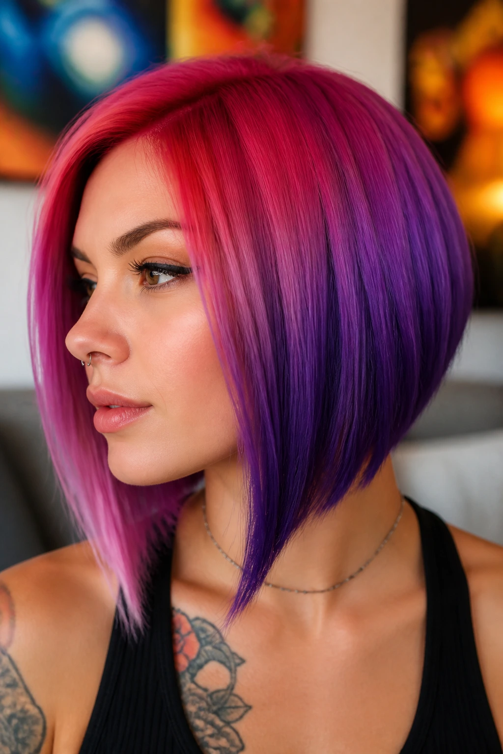 Close-up portrait of a real person with vivid color inverted bob under colorful light