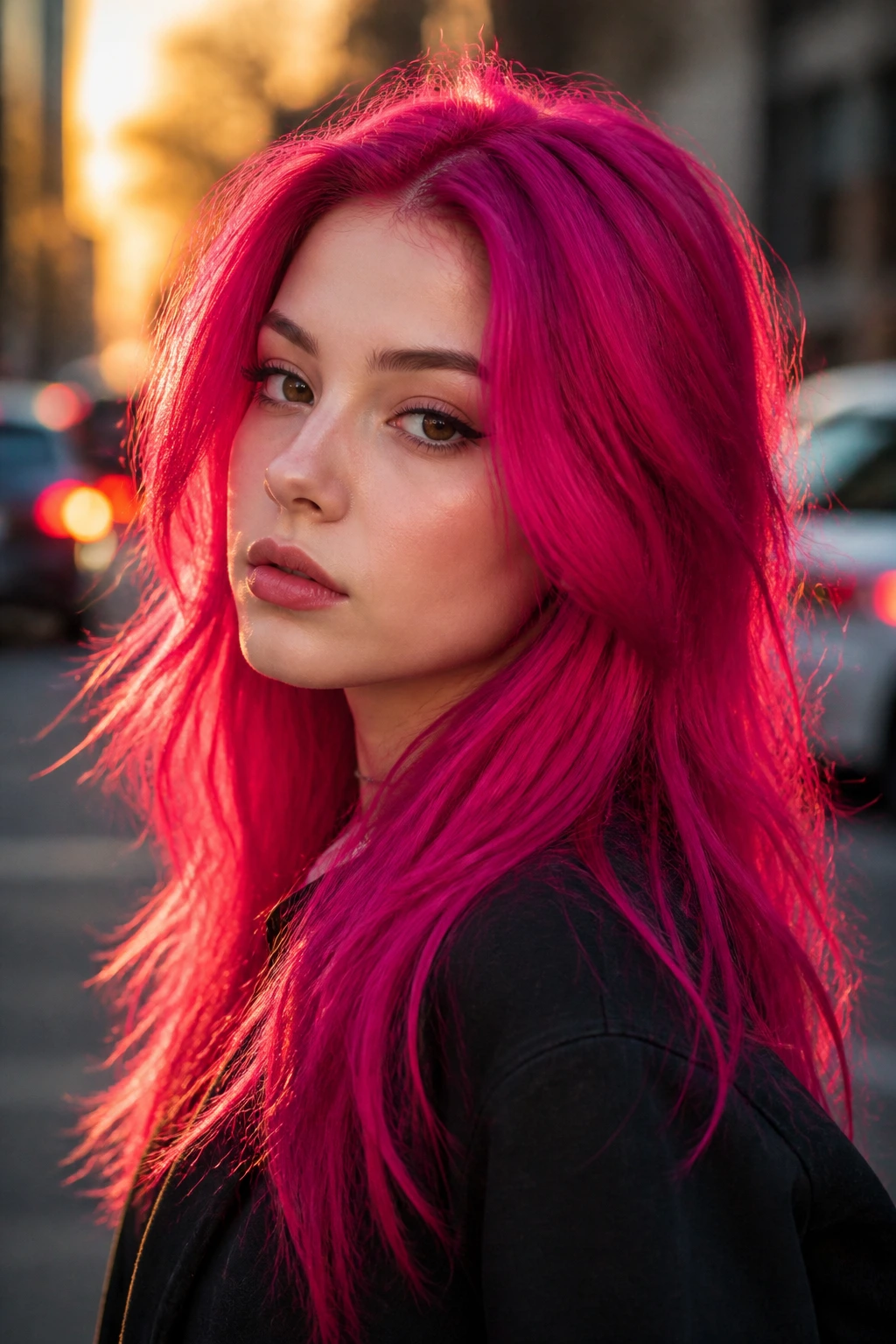 Close-up portrait of a real woman with vivid fuchsia hair in urban evening light.