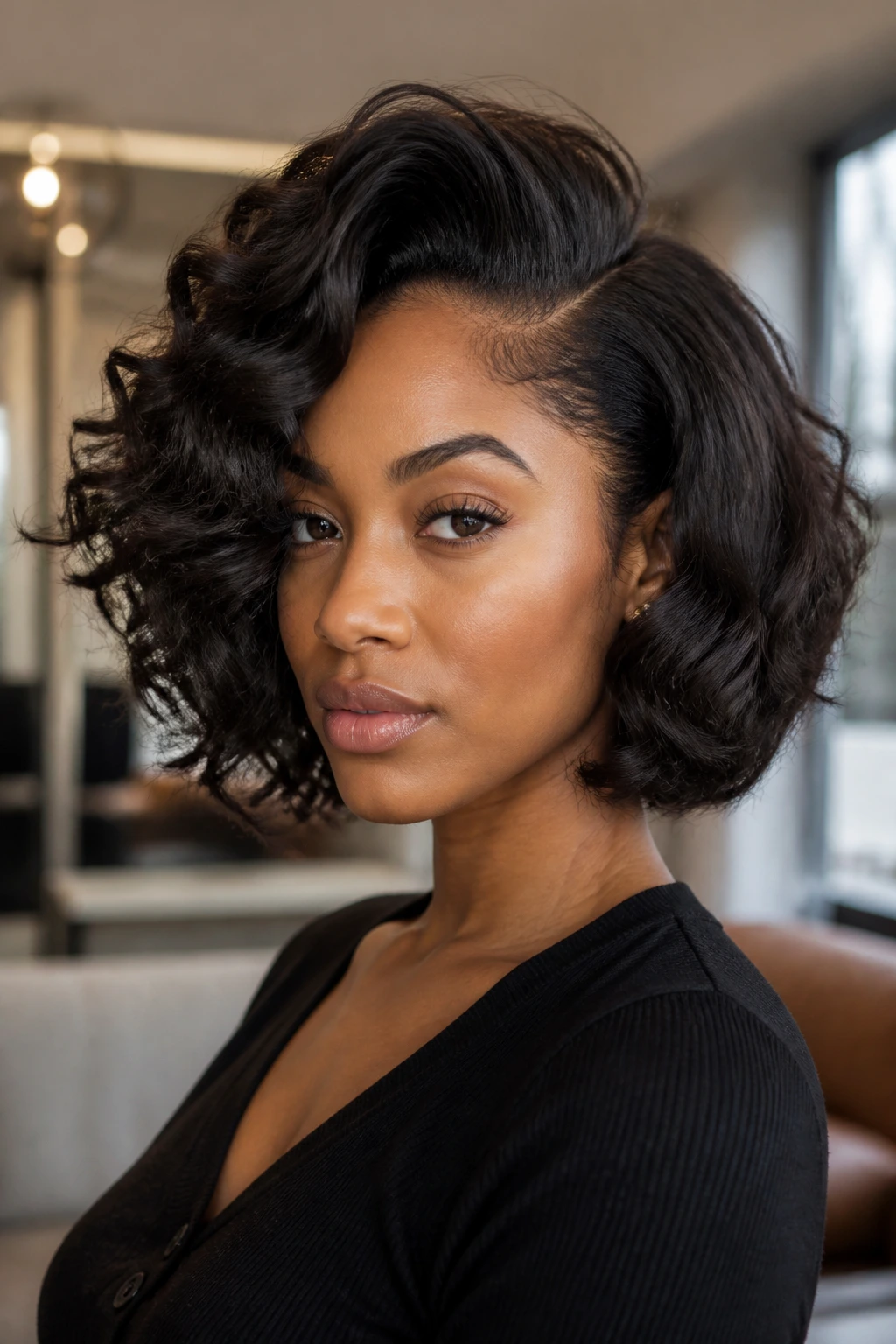 Close-up of a real woman with a deep side-parted volume bob.