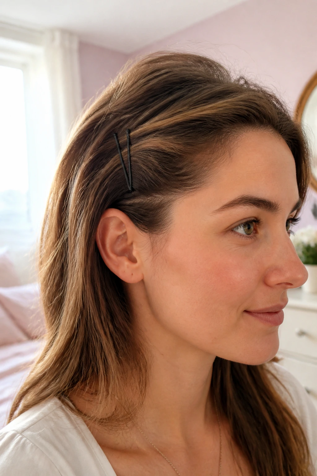 Close-up of a real woman with asymmetrical volume lift above the ear