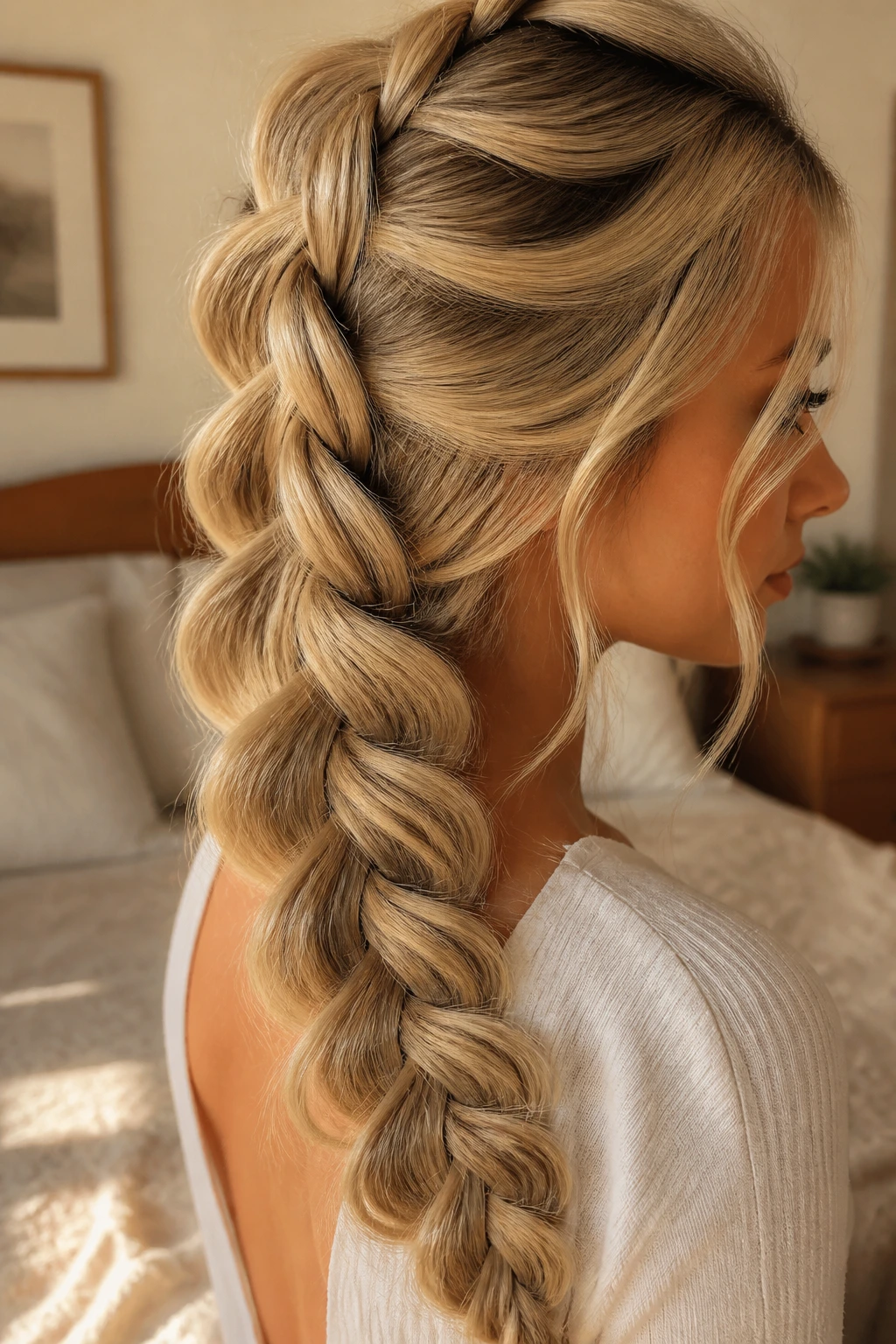 Close-up of a real woman's French braid with large volume bubbles along the plait