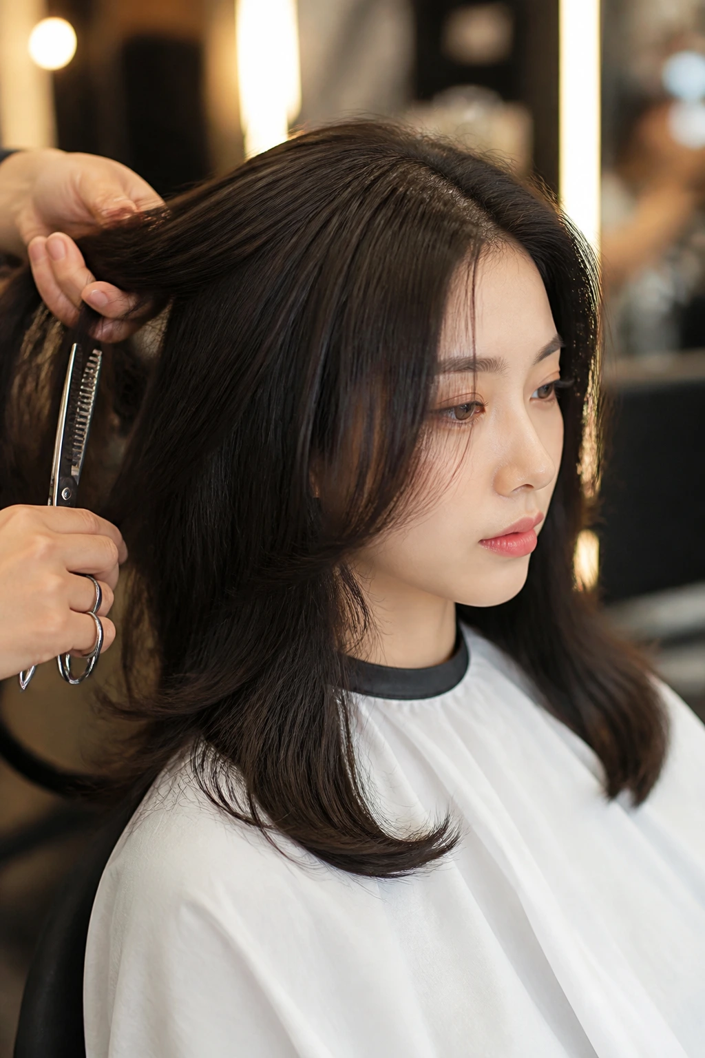 Close-up of salon slide-cutting on thick frizzy hair showing volume control